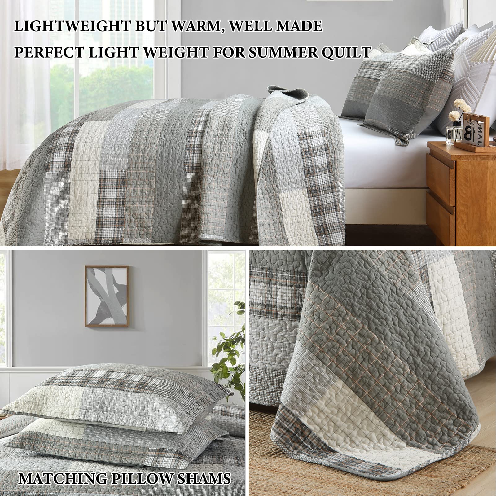 Y-PLWOMEN 100% Cotton Queen Size Quilt Set - Lightweight Reversible Farmhouse Plaid Bedspread (3-Piece) | Grey All-Season Quilted Bedding for Cozy Home Decor | Perfect for Master Bedroom, Guest Room & Farmhouse Style