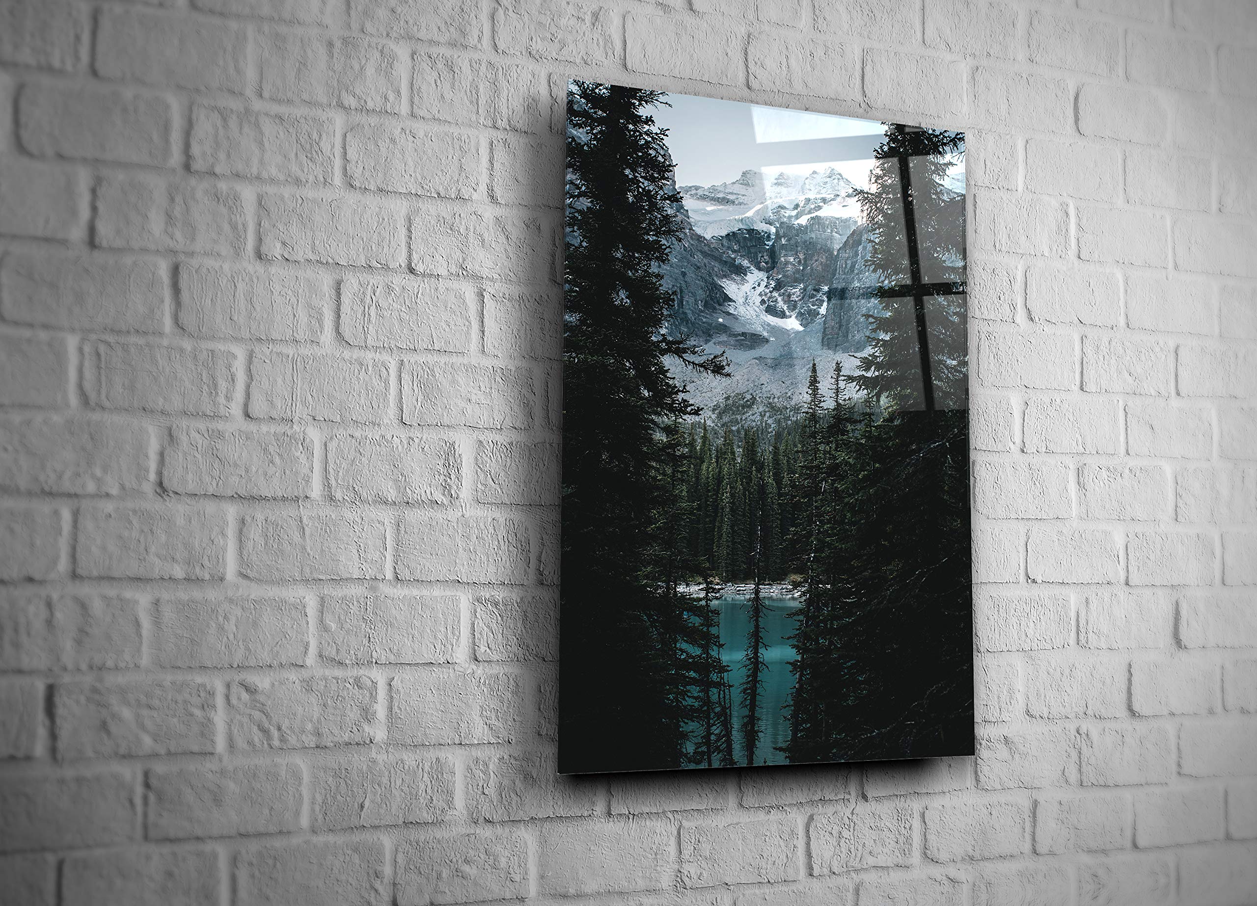 Winter Landscape Tempered Glass Wall Art - Mountain Lake Snow Forest Nature Scene - Modern Home, Office & Hotel Decor - Perfect Gift (16x24) - Ideal for Living Rooms, Bedrooms & Reception Areas