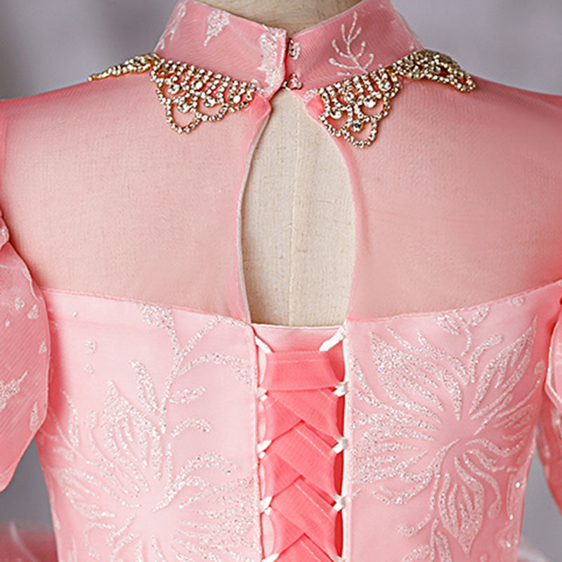 Sparkly Pink Sequin Organza Flower Girl Dress with Mock Neck - Perfect for Weddings, Pageants & Special Occasions