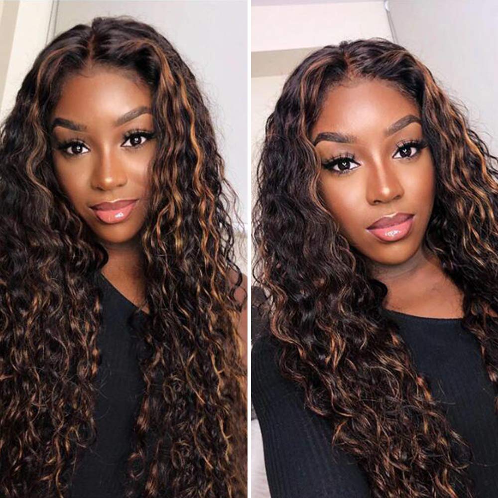 13x4 Lace Front Human Hair Wig - 150% Density Curly T-Part Wig with Baby Hair & Pre-Plucked Hairline | Natural Black Highlight Wig for Women (18 Inch, Middle Part) | Perfect for Daily Wear, Parties, Cosplay & Special Occasions