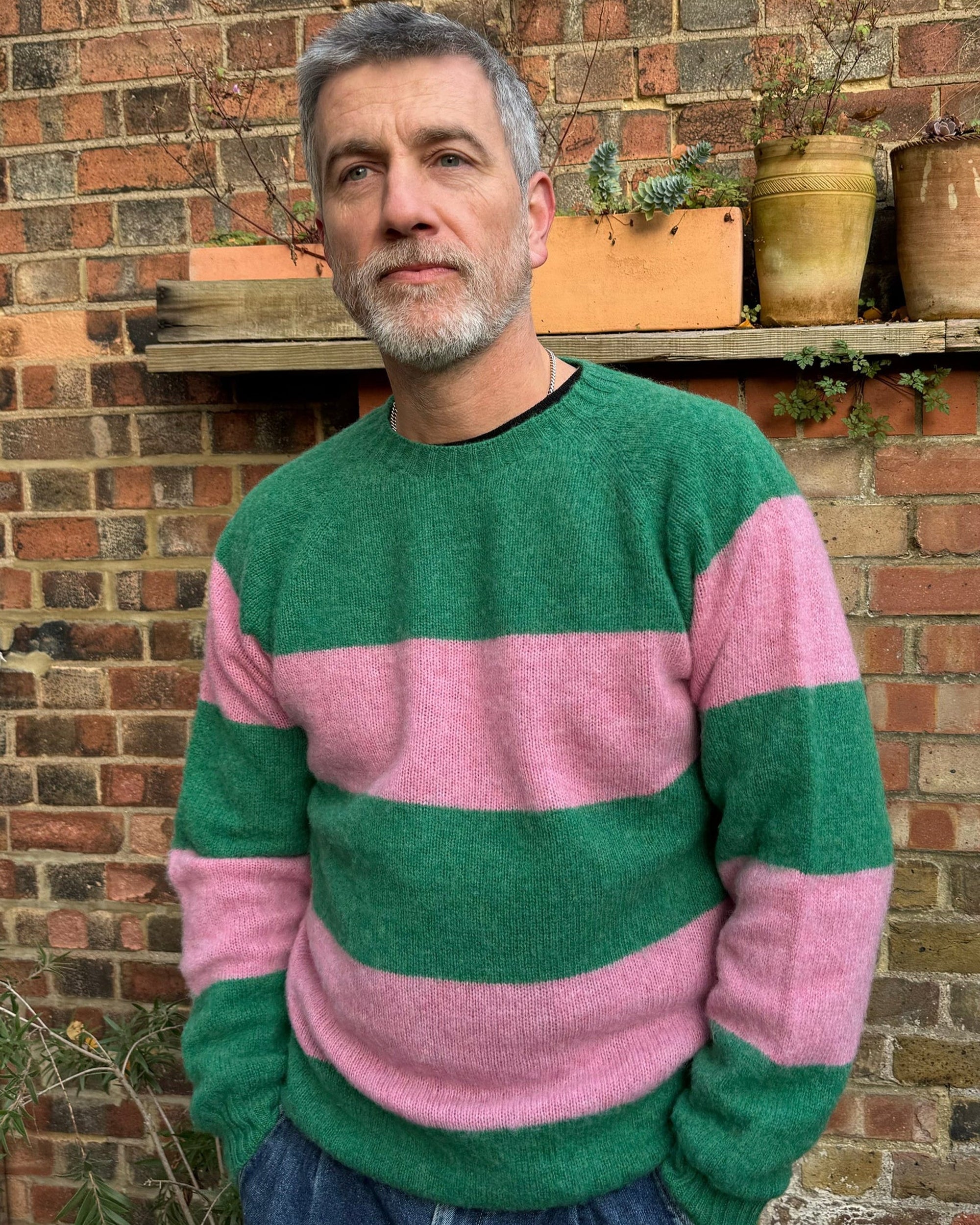Lowie Men's Pink and Green Striped Jumper Sweater - Casual Pullover for Winter Warmth & Stylish Outfits