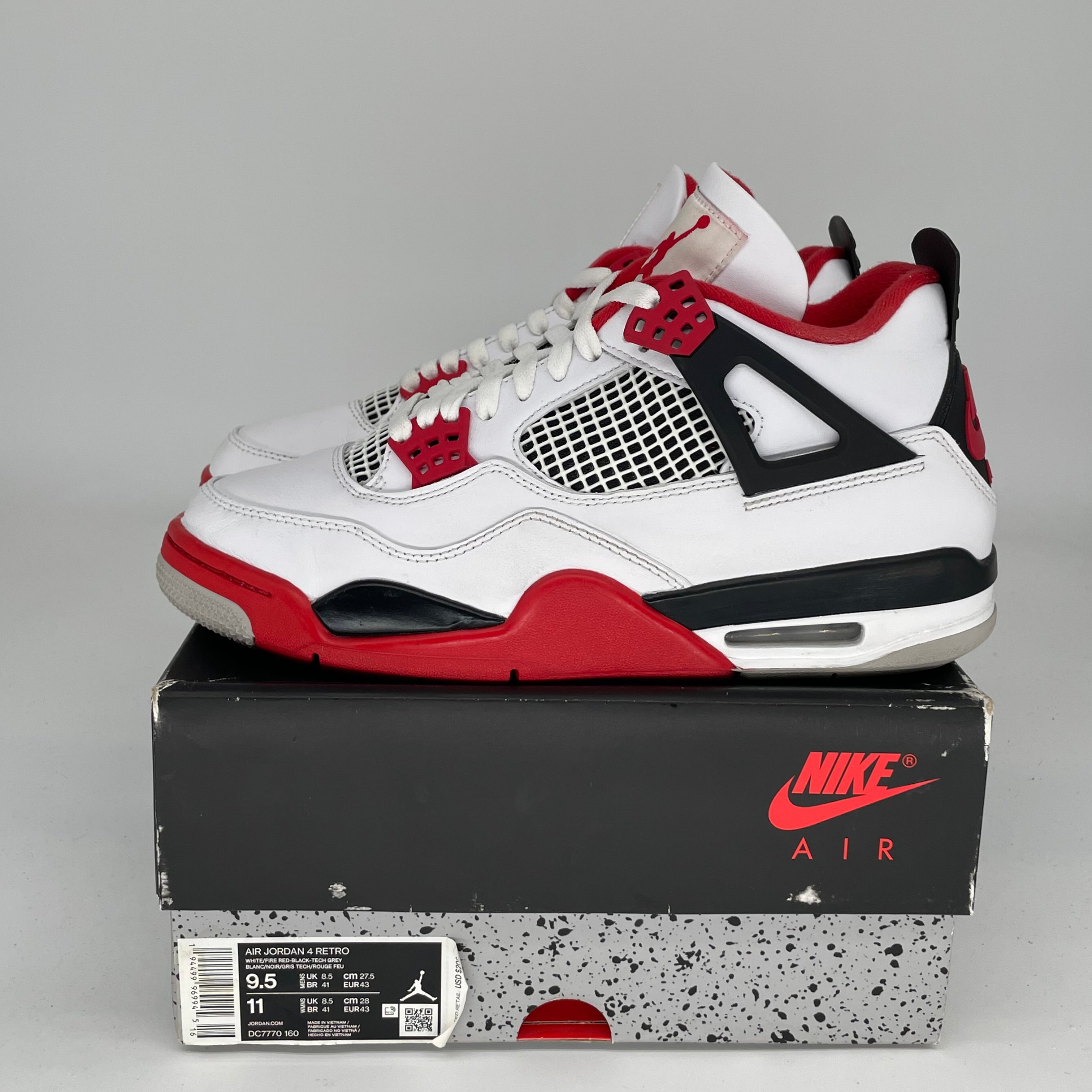 AIR JORDAN 4 FIRE RED Sneakers - Men's Size 9.5 (DC7770-160) - Retro Basketball Shoes for Casual Wear & Street Style