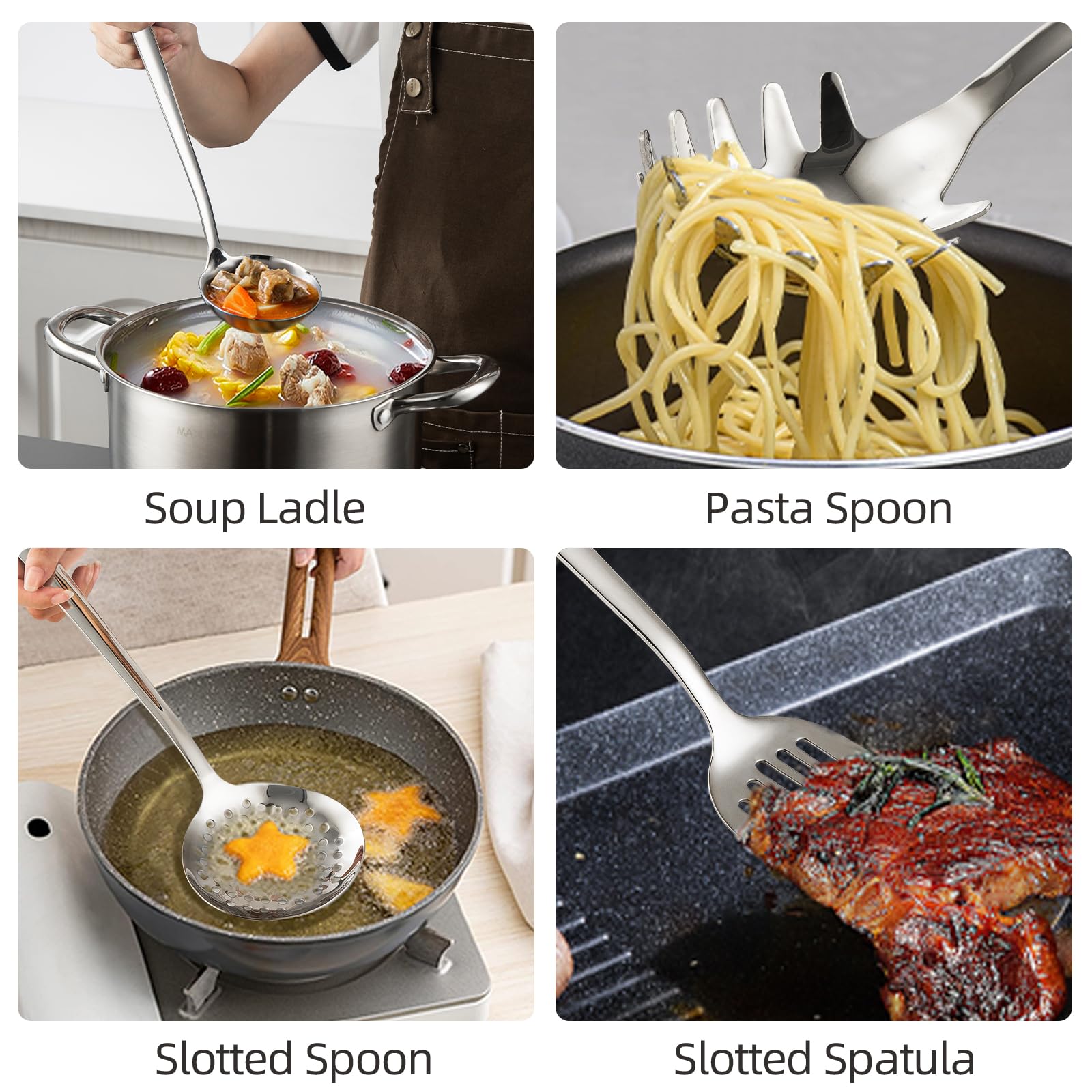 Premium Stainless Steel Cooking Utensils Set - 6-Piece Kitchen Tool Collection with Soup Ladle, Spaghetti Server, Slotted Turner & Skimmer - Mirror Polished & Dishwasher Safe - Ideal for Wok Cooking, Stir-Frying & Serving Pasta