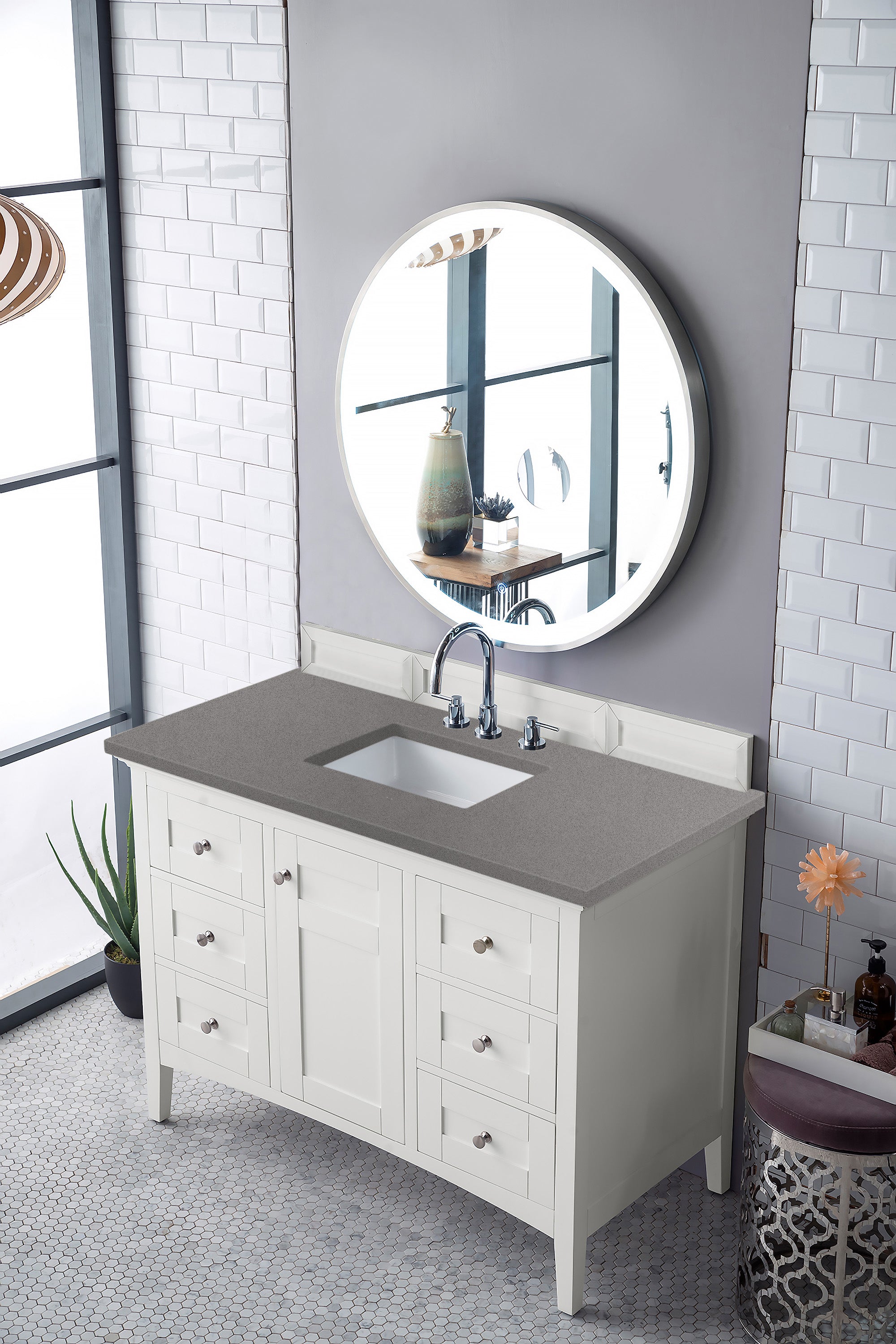Palisades 48 Inch Single Bathroom Vanity Set with 3CM Gray Expo Quartz Countertop in Bright White - Perfect for Modern Master Bathrooms and Guest Bath Remodels