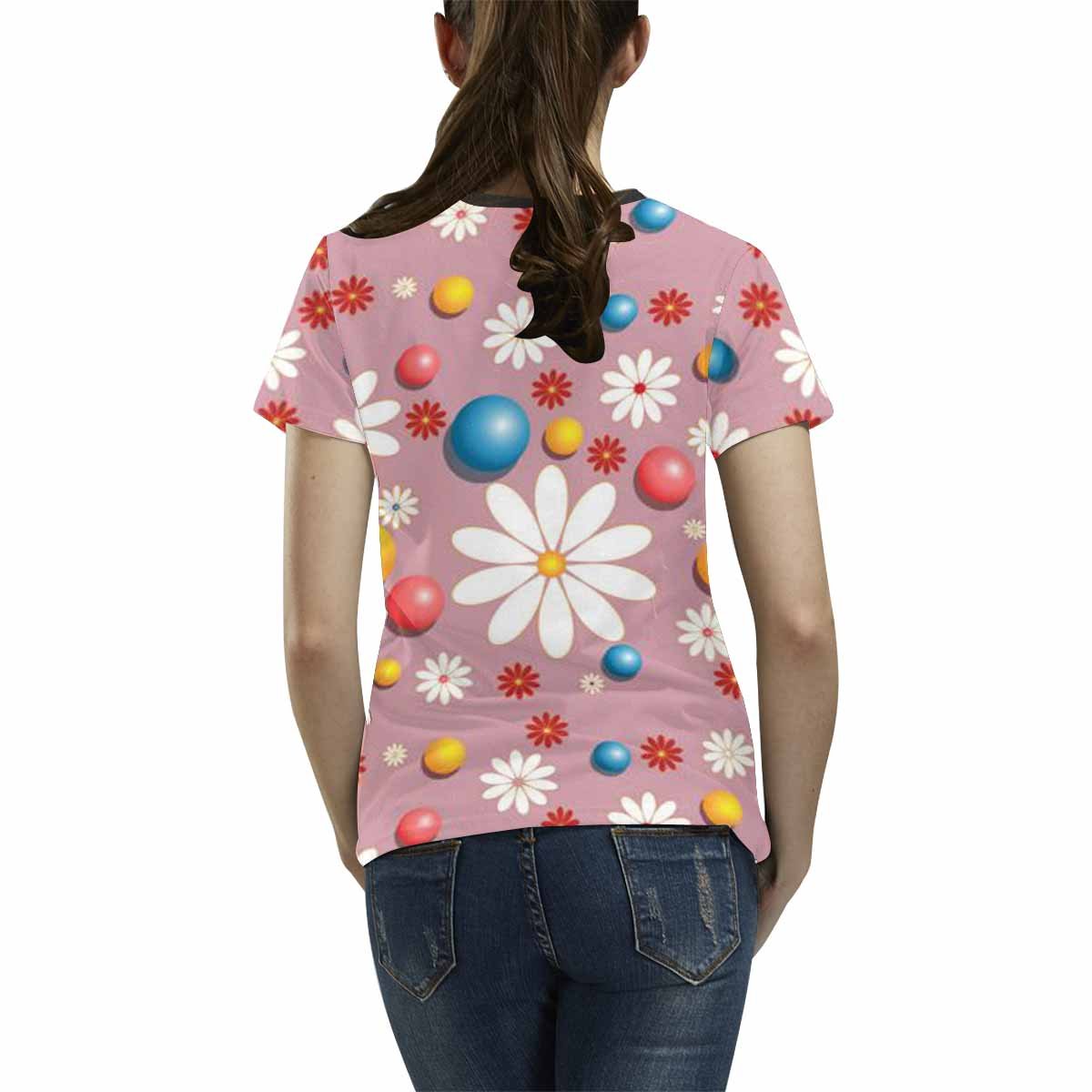 Women's Floral Print T-Shirt with Colorful Flowers and Polka Dots - Stylish Casual Tee for Summer Outfits, Beach Wear & Everyday Fashion
