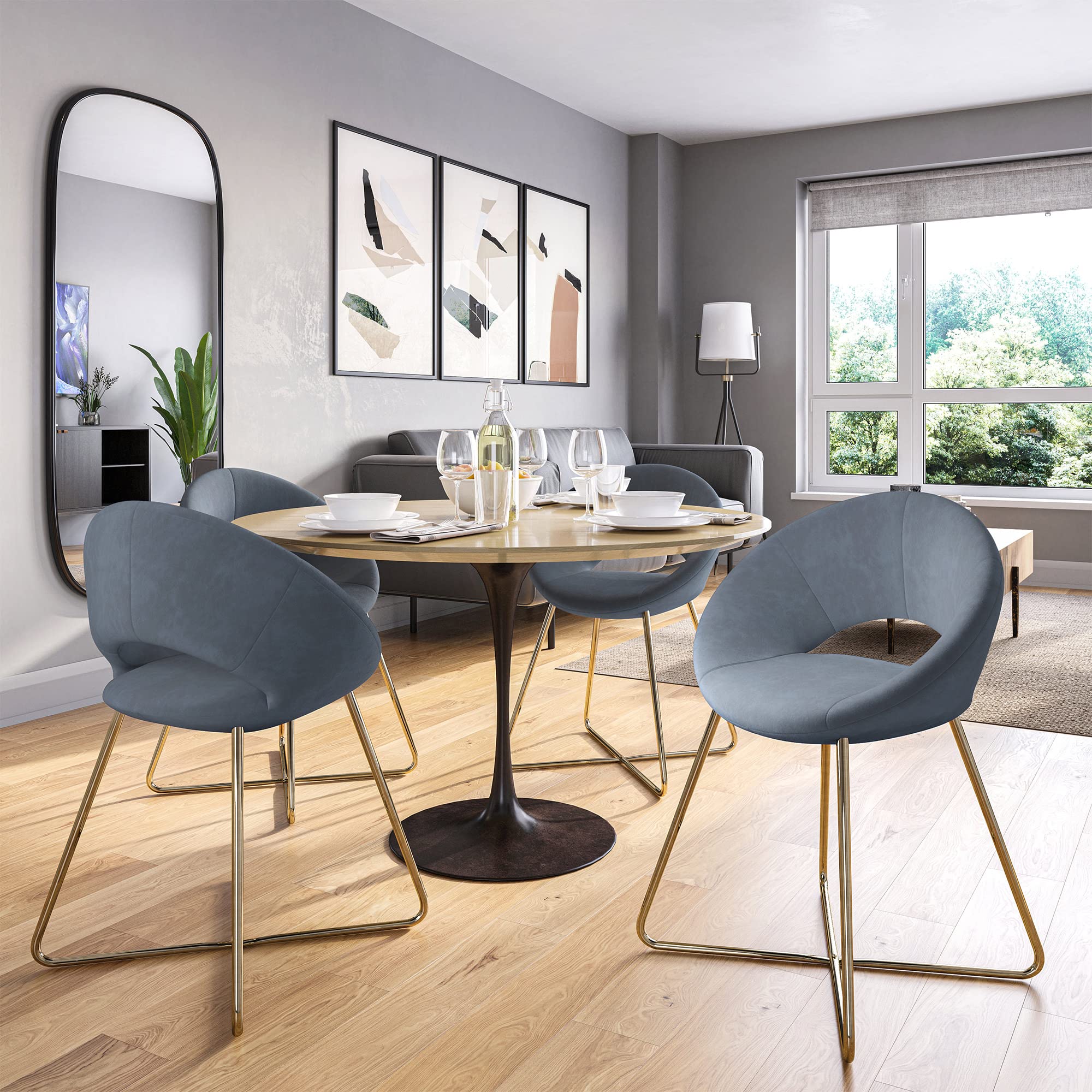 BELLEZE Modern Velvet Accent Chair Set of 2 - Upholstered Makeup Vanity Chair & Living Room Armchair with Golden Metal Legs, Dark Grey Ezra - Perfect for Bedroom, Dressing Room & Lounge Decor