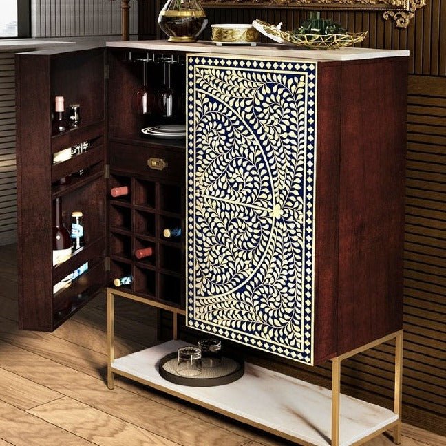 Handmade Blue & White Bone Inlay Bar Cabinet - Luxury Home Bar Furniture for Living Room, Dining Room & Entertaining Spaces