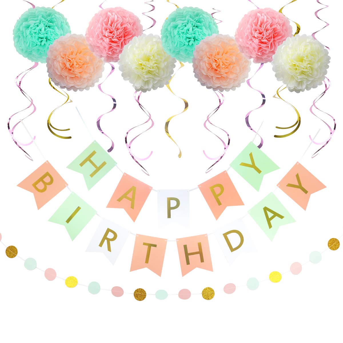 LITAUS Tri-Color Birthday Party Decorations Kit - 19-Piece Set with Happy Birthday Banner, Tissue Paper Pom Poms, Swirls & Garland | Birthday Party Supplies for Women, Girls, Adults | Perfect for Indoor & Outdoor Birthday Celebrations, Baby Showers & Anniversary Parties