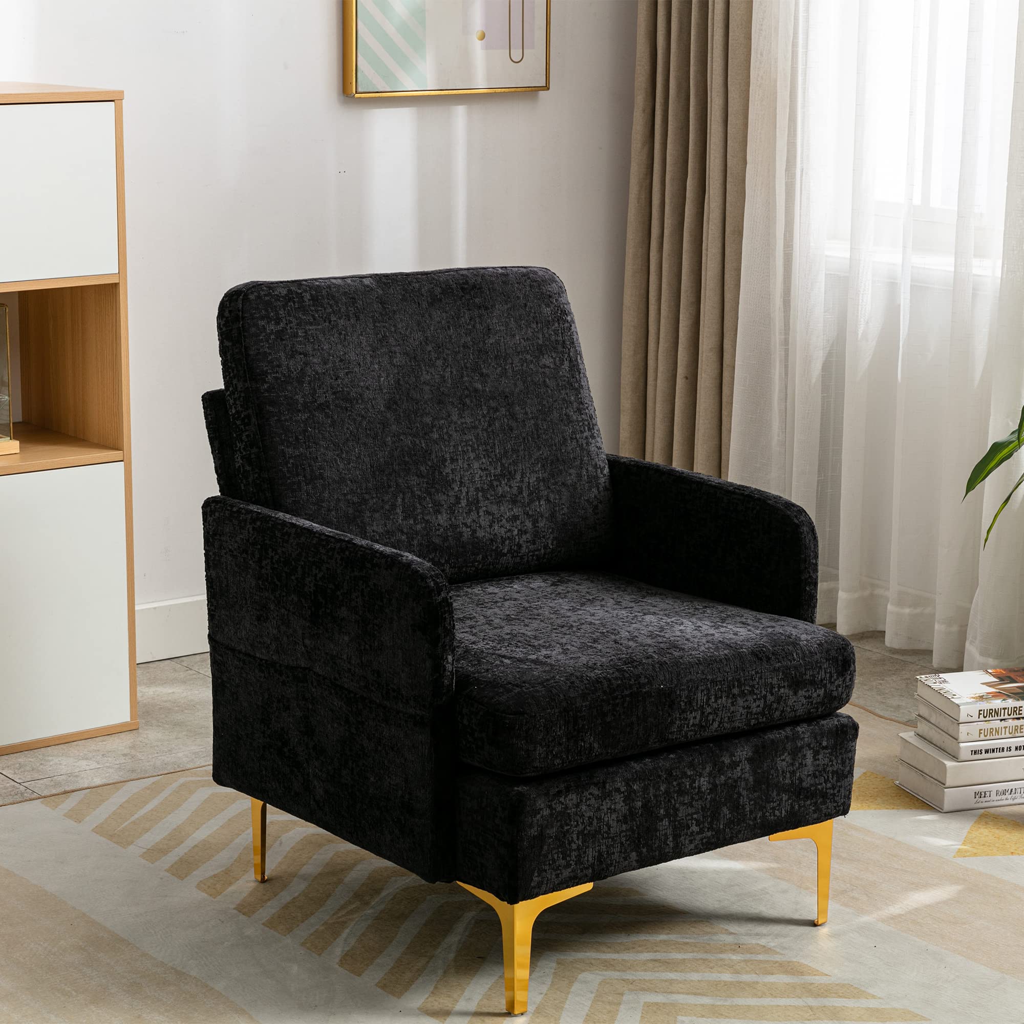Modern Accent Chair with Golden Metal Legs - Upholstered Single Sofa Armchair for Living Room, Bedroom & Office - Mid Century Reading Side Chair with 2 Storage Pockets - Comfortable Decorative Furniture for Relaxing, Working & Entertaining (Black)