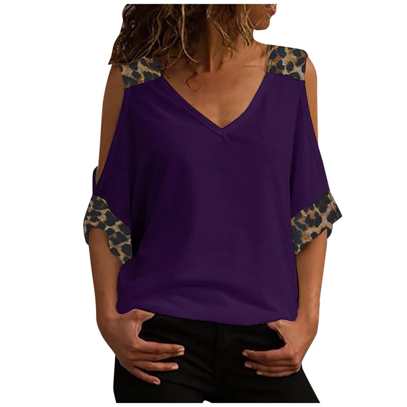 Women's Leopard Print Cold Shoulder Tops - Off Shoulder Short Sleeve Blouse Casual Shirt for Summer Outfits, Beach Wear, and Party Looks