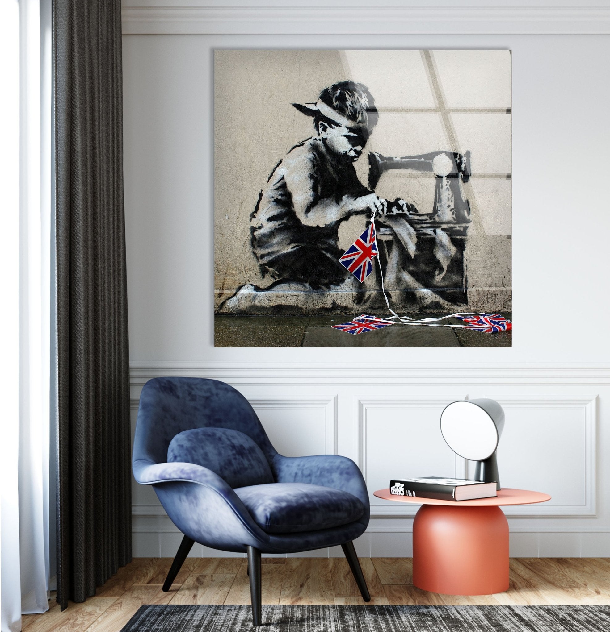 Banksy UK Flag Glass Wall Art - Modern British Street Art Decor for Living Room, Office & Gifts