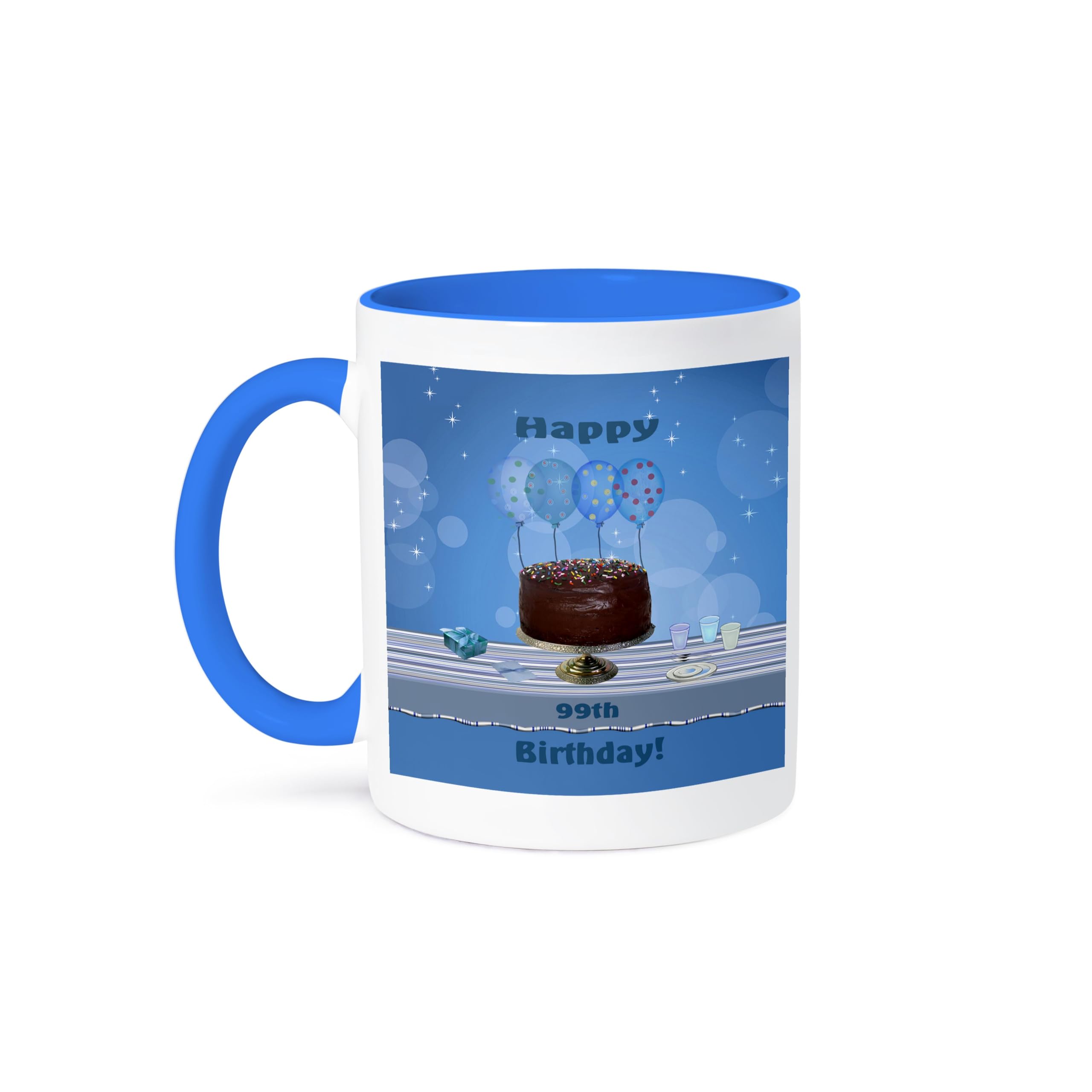 3dRose 99th Birthday Party Mug with Chocolate Cake & Blue Balloons Design - Ceramic Coffee Cup for Celebrations, Gifts & Office Use (mug_123985_6)