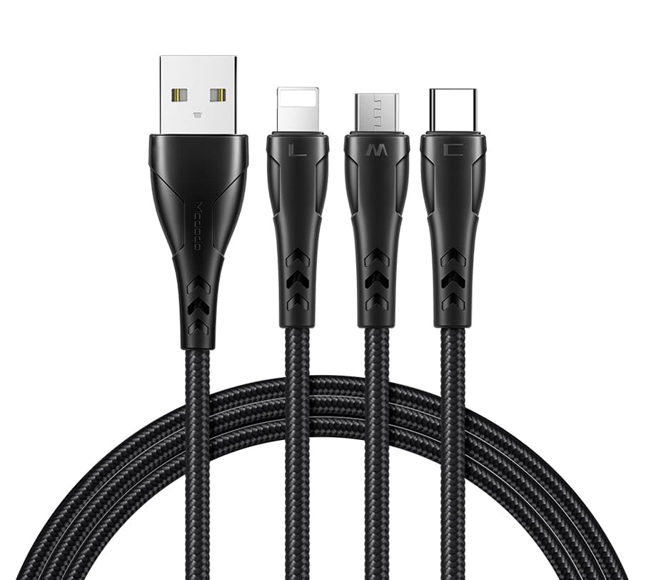 Mcdodo 3-in-1 Multi-Charging Cable - Lightning, Micro USB & Type C Ports - Universal Fast Charging Cord for iPhone 16/15/14, Android Phones & Tablets - Perfect for Home, Office & Travel Charging