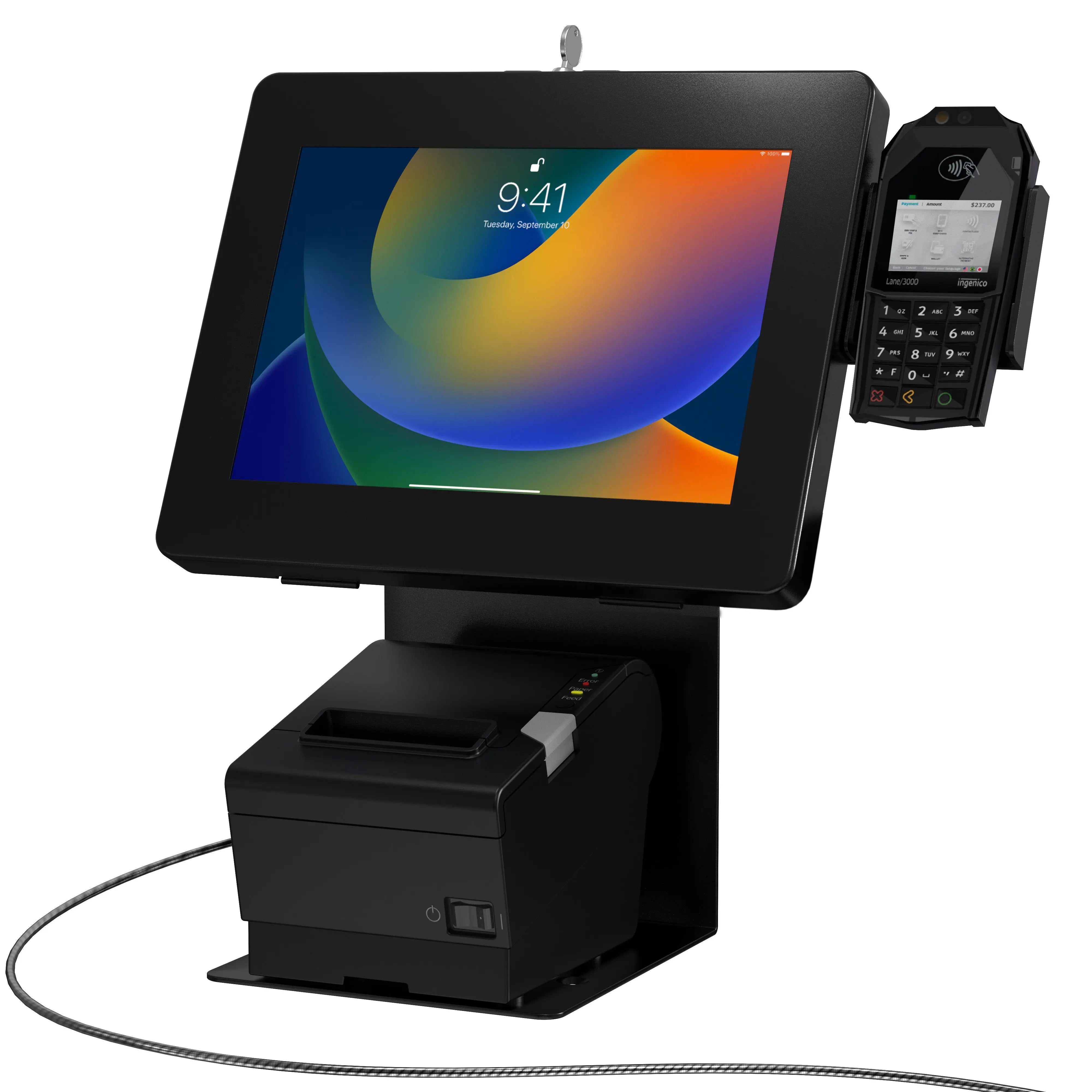 POS System Stand with Built-in Printer Holder & Secure Black Enclosure - Ideal for Retail Stores, Restaurants, and Small Businesses
