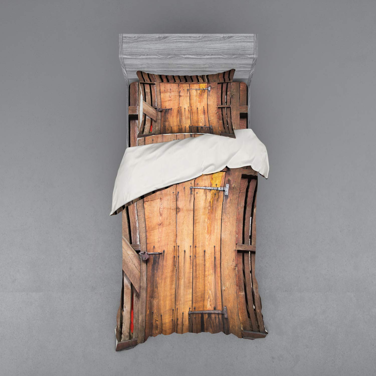 Ambesonne Rustic Bedding Set - 3 Piece Duvet Cover with Sham & Fitted Sheet, Twin Size, Chocolate Brown Bohemian Print | Vintage Barn Door Design for Cozy Bedroom Decor | Perfect for Farmhouse, Cottage & Boho Chic Home Styling