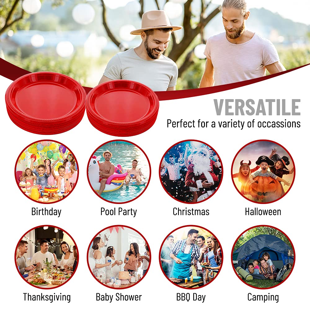 120-Pack 9-Inch Disposable Red Plastic Plates for Parties, Picnics, BBQs, Travel & Special Events - Bulk Round Dinner Plates for Easy Cleanup & Convenience