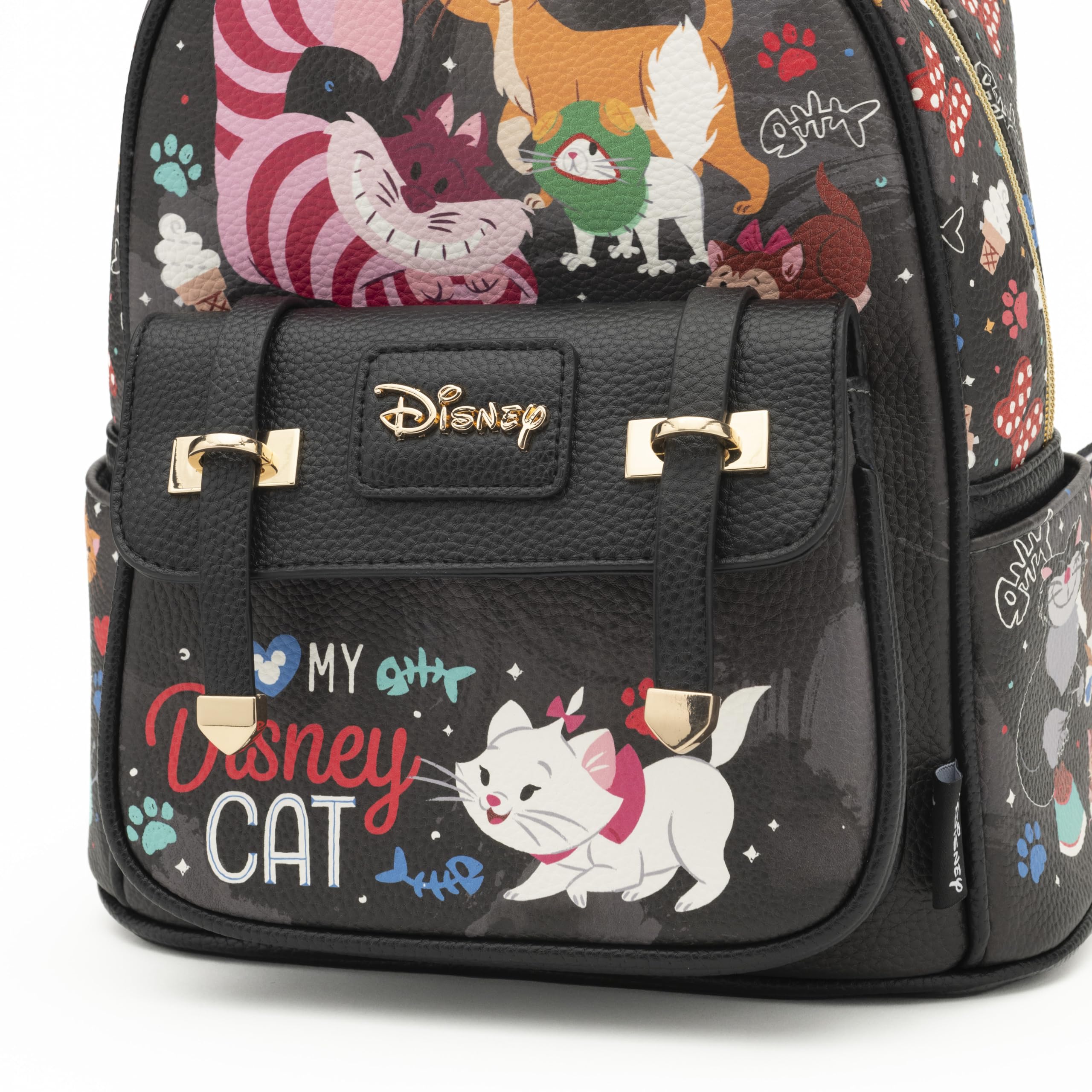 Disney Cats 11 Inch Vegan Leather Mini Backpack for Women - Stylish Black Purse for School, Travel & Everyday Use