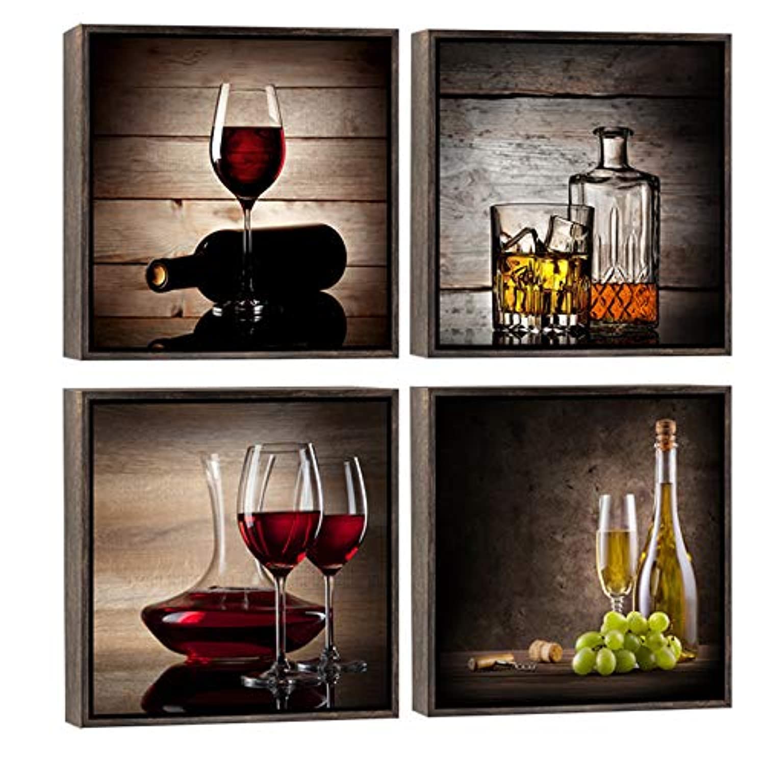 Wieco Art 4-Piece Framed Canvas Wall Art - Red Wine Cups Abstract Modern Prints, Vintage Contemporary Pictures for Kitchen, Bar, Dining Room & Home Decor