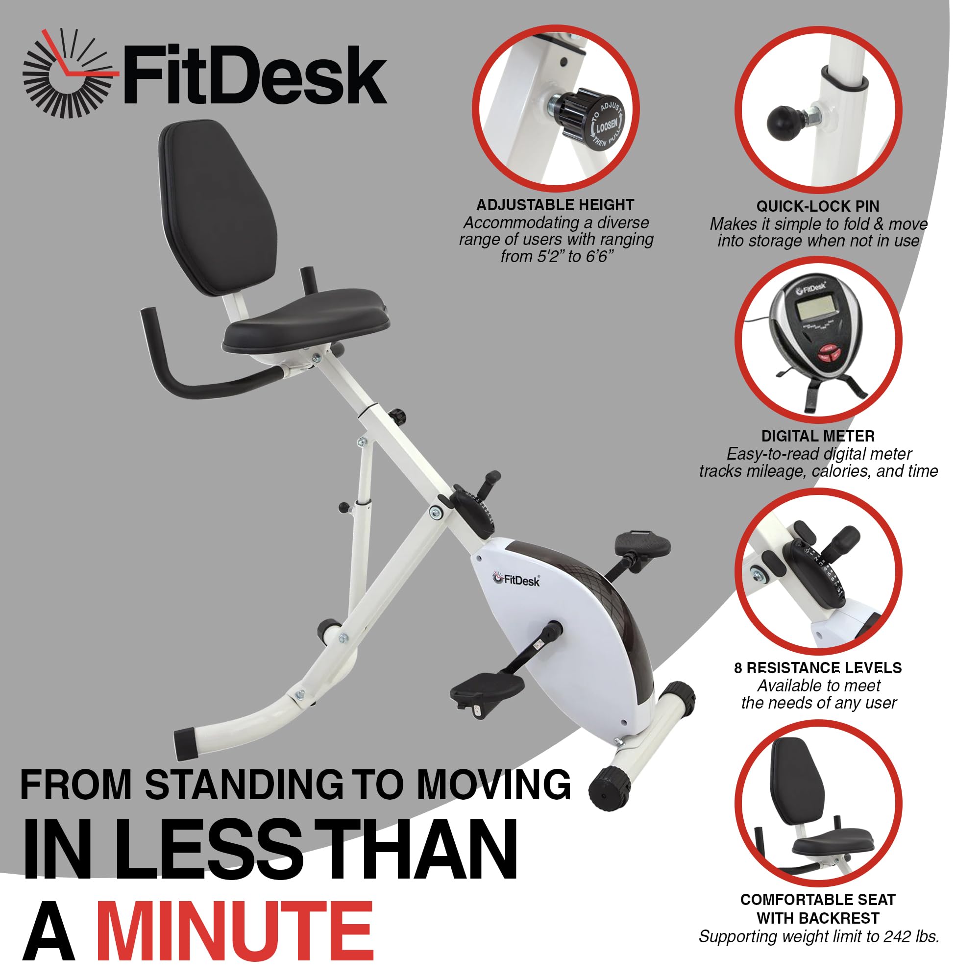 FitDesk Standing Desk Bike - Adjustable Height Exercise Bike with 8 Resistance Levels, Digital Performance Meter, Foldable Design (Supports 242 lbs) - White | Home Office Workstation & Indoor Cycling Machine for Fitness, Productivity & Active Sitting