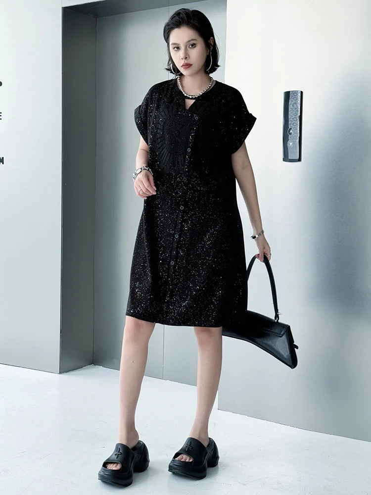 Black Sequin Mesh Dress 2-Piece Set Round Neck Short Sleeve Women's Fashion Outfit for Spring Summer 2025 | Perfect for Parties, Weddings & Night Out
