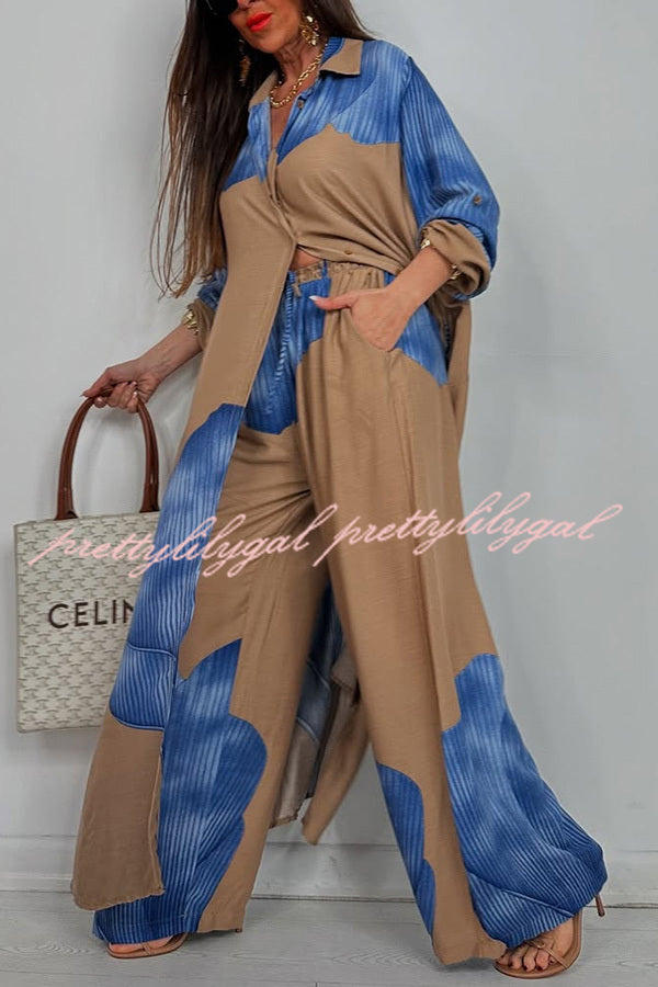 Stylish Printed Casual Loose Long Shirt & Elastic Waist Pocket Wide Leg Pants Set - Women's Comfortable Outfit for Work, Travel and Daily Wear