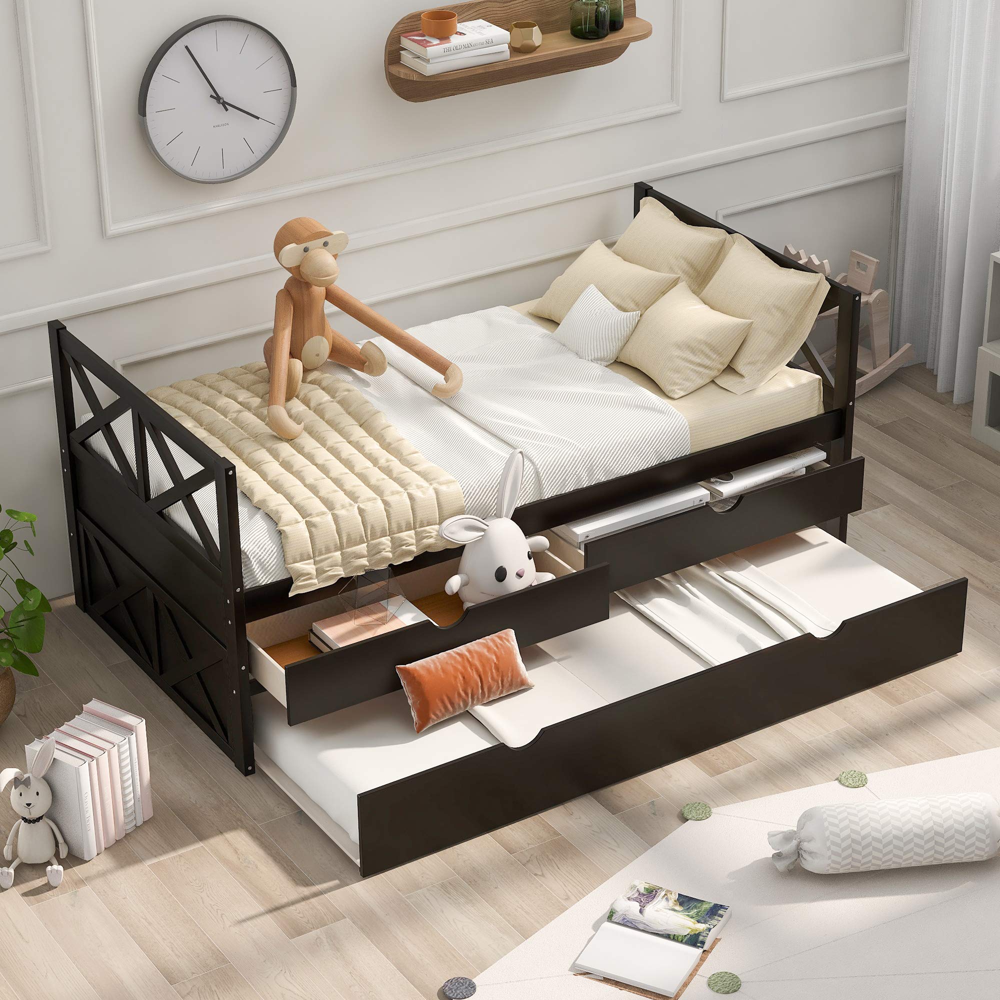 Twin Daybed with Drawers and Trundle - Solid Wood Frame for Kids & Teens - Vintage Multi-Functional Bed - No Box Spring Needed (Espresso) - Perfect for Guest Rooms, Dormitories & Small Spaces