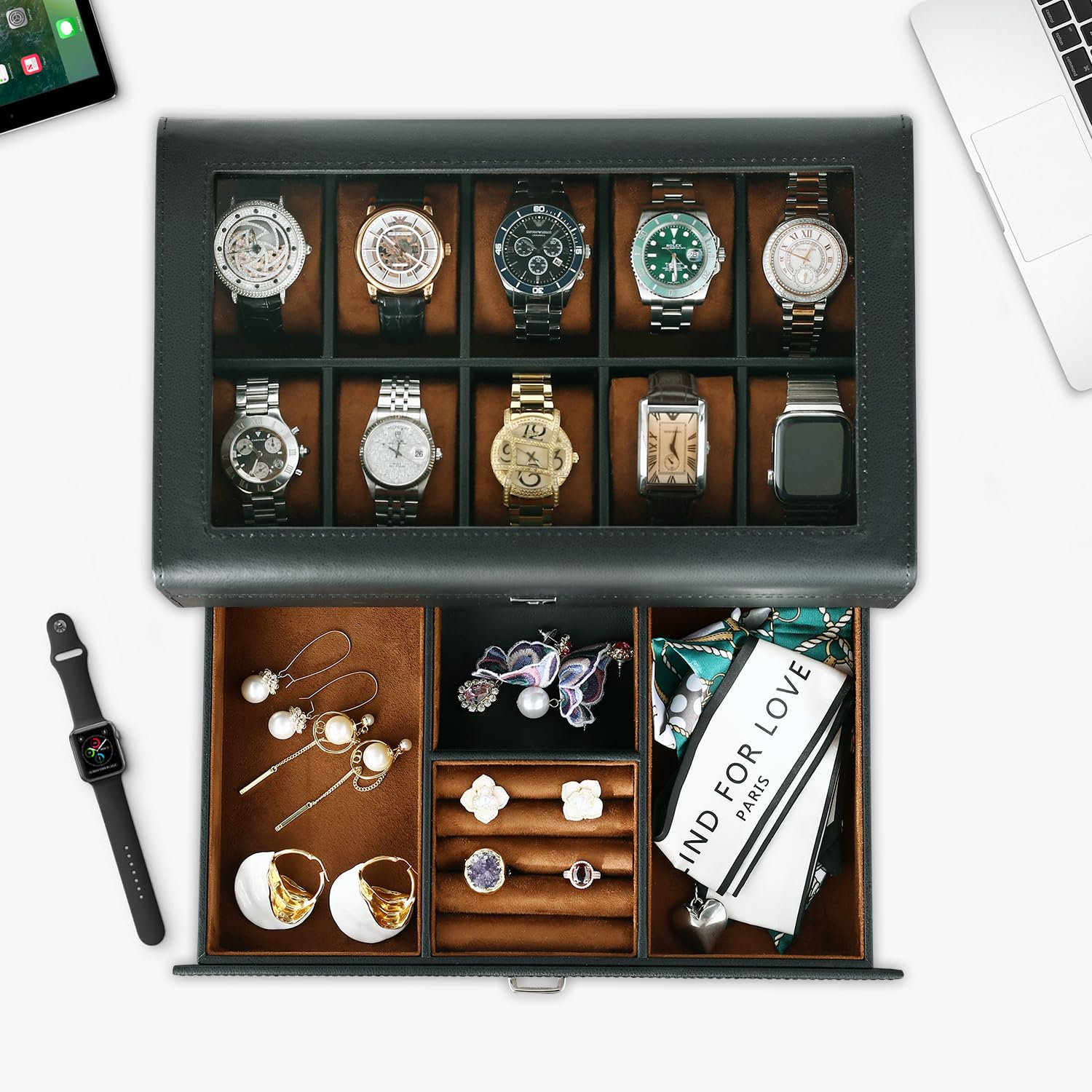 Premium Leather Watch Box with Drawer - 10 Slot Locking Jewelry & Watch Organizer for Men - Luxury 2-Tier Watch Case Display - Perfect for Watch Collection Storage & Travel Use