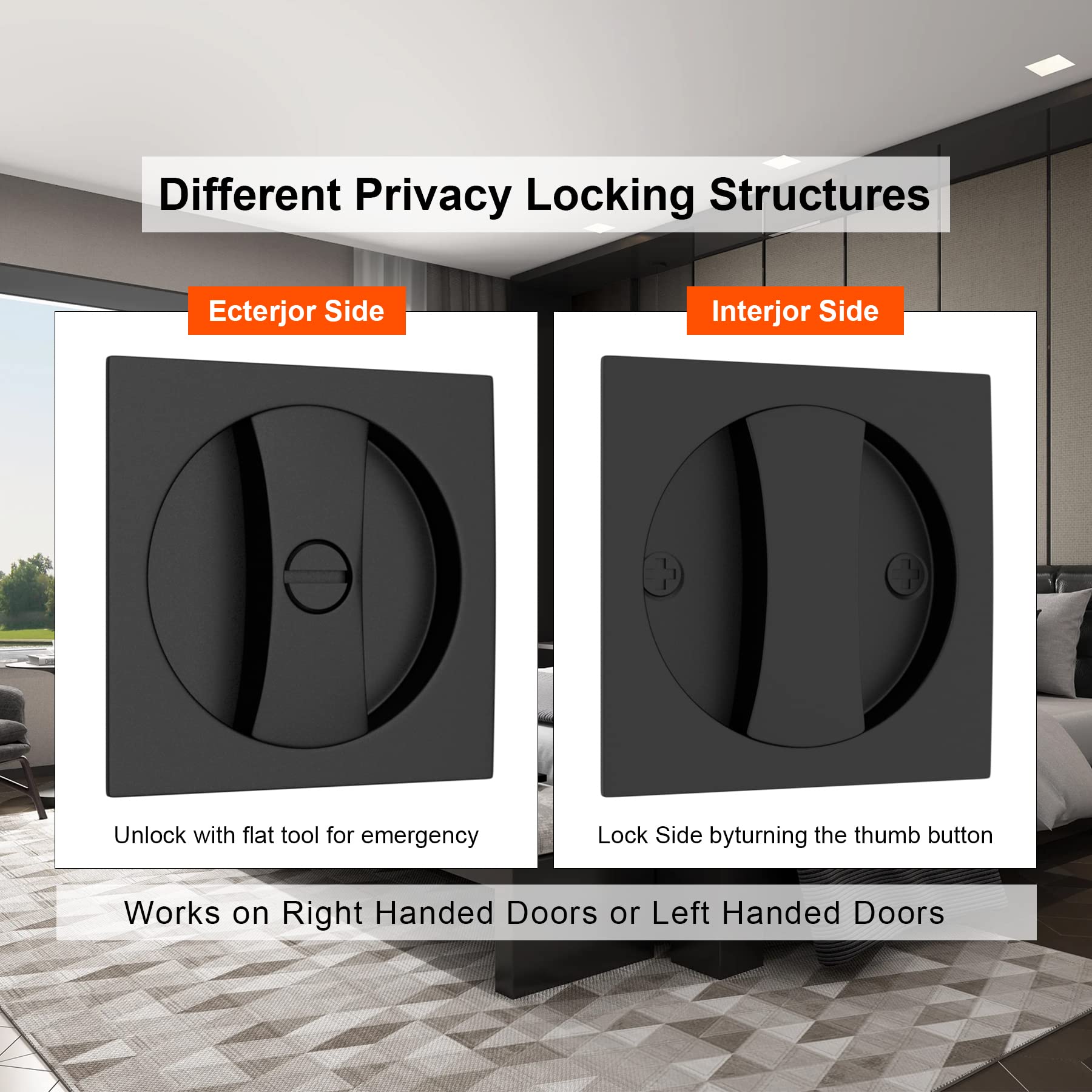 Haidms 3 Pack Matte Black Pocket Door Lock Set - Square Pocket Door Handle & Hardware for Sliding Doors - Perfect for Bedrooms, Bathrooms, and Closets