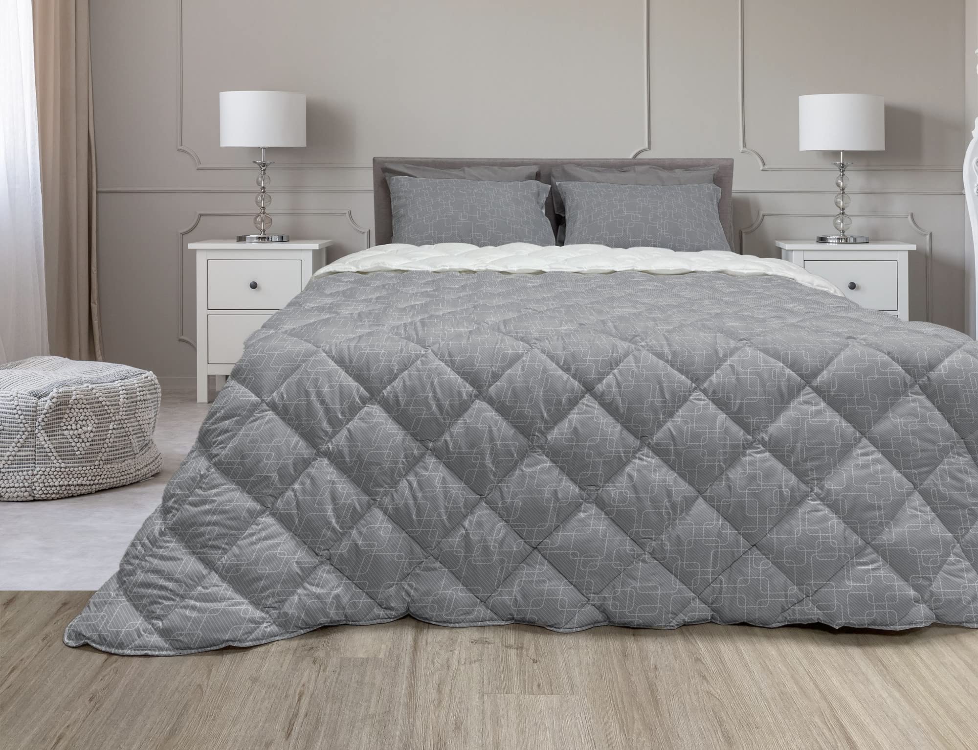 Ambesonne Geometric Comforter Set - 3 Piece Microfiber Duvet Cover with Interlocking Round Square Design in Pearl Taupe Grey, Full Size | Modern Bedroom Decor for Guest Rooms & Master Suites