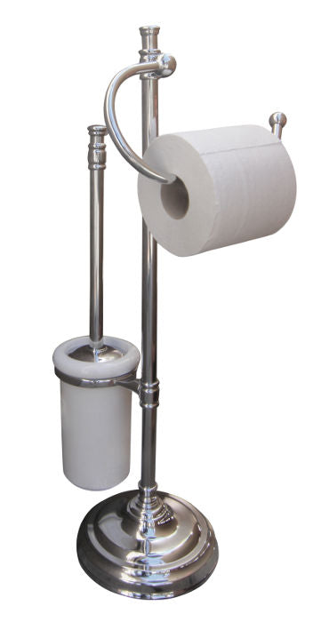 Brighton Chrome Standing Toilet Brush & Toilet Paper Holder - Bathroom Organizer for Modern Home Decor