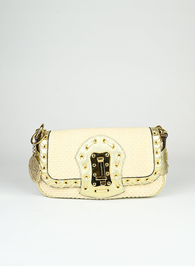 Versace Shoulder Bag in Cream Knit - Elegant Designer Handbag for Women, Perfect for Parties, Work & Everyday Use