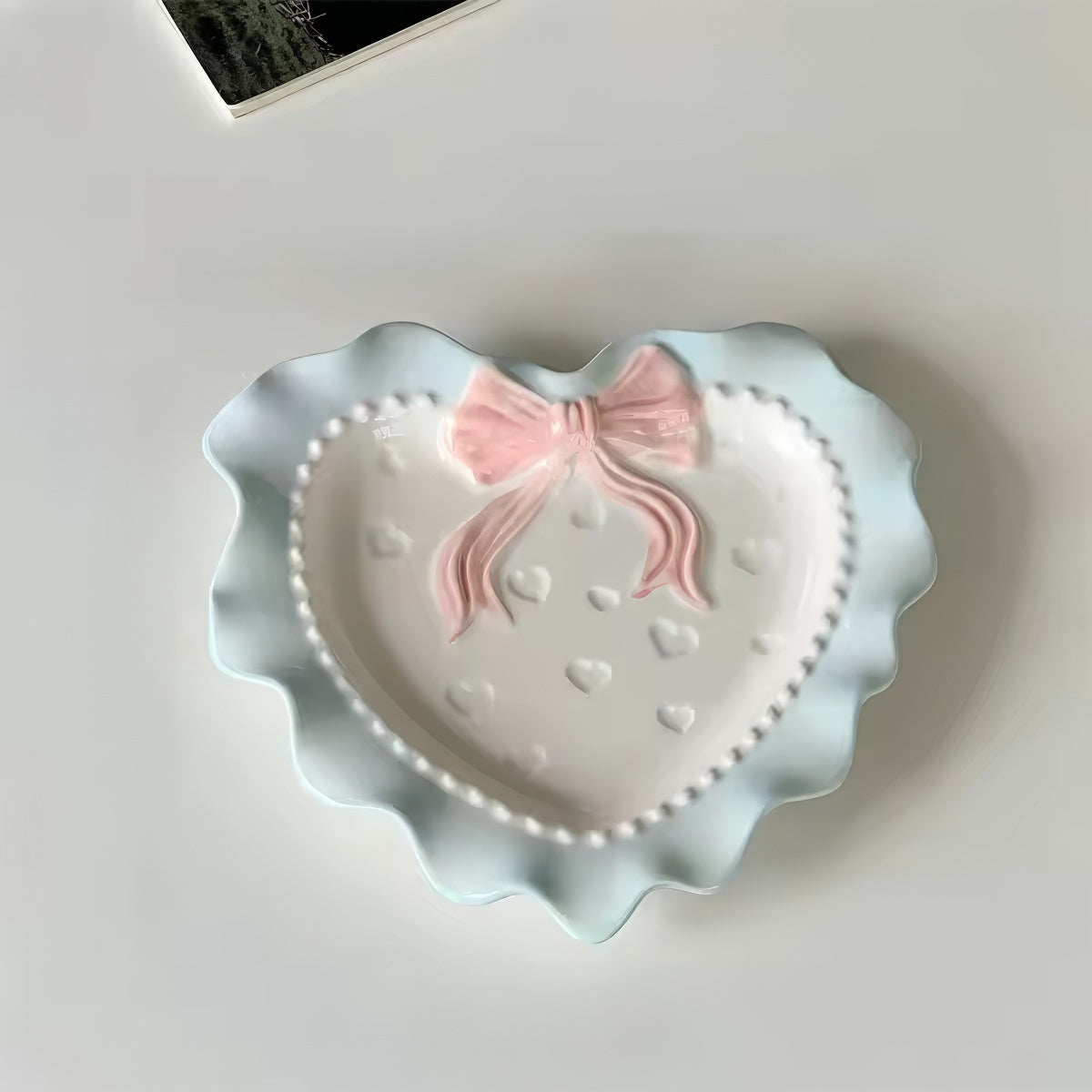Pastel Coquette Heart Shaped Saucer Plate - Cute Pink Ceramic Dessert Plate for Tea Party, Valentine's Day & Romantic Dinner Table Setting