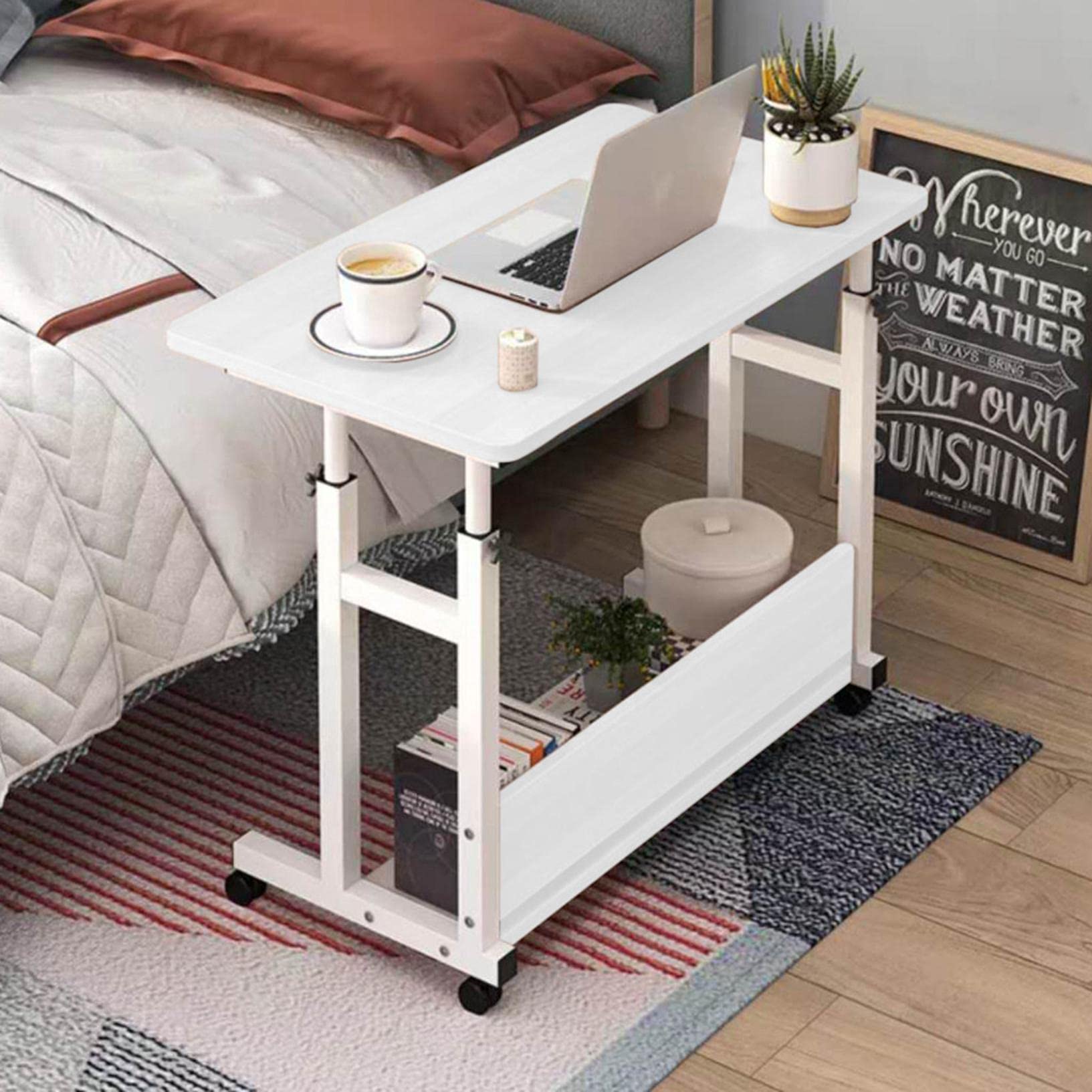 Ergonomic Adjustable Height Home Office Chair with Wheels - Mobile Computer Desk & Bedside Table - White Wooden Laptop Workstation for Study, Work, Gaming & Bedroom Use