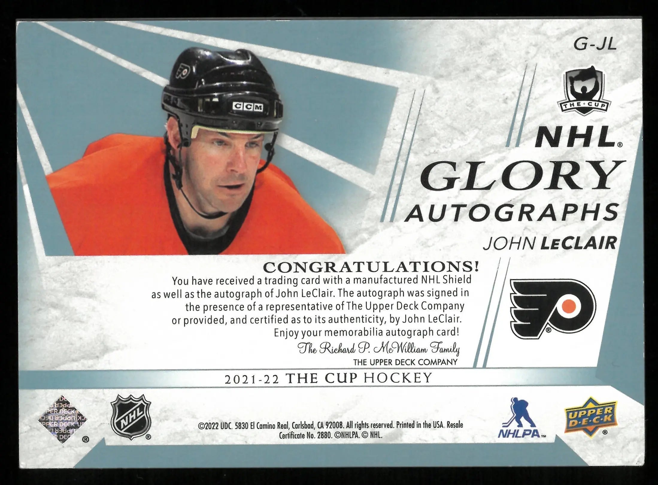 2021-22 Upper Deck The Cup Hockey John LeClair NHL Shield Glory Autograph Card /10 - Rare Collectible for Hockey Fans & Sports Memorabilia Enthusiasts