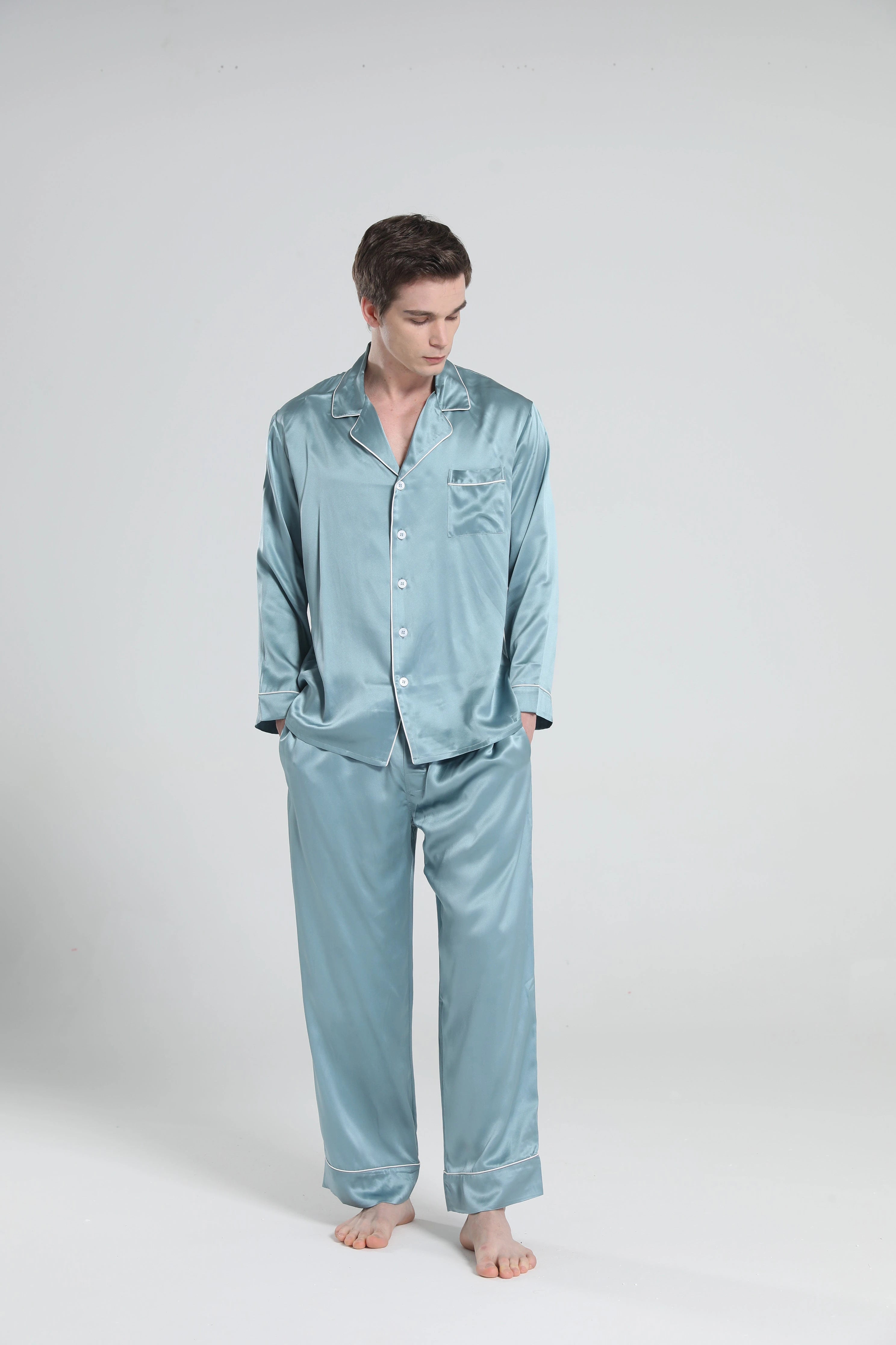 Premium Men's Silk Pajama Set with Lapel Collar - Soft & Breathable Sleepwear for Lounge & Travel - Perfect for Home Relaxation & Hotel Stays