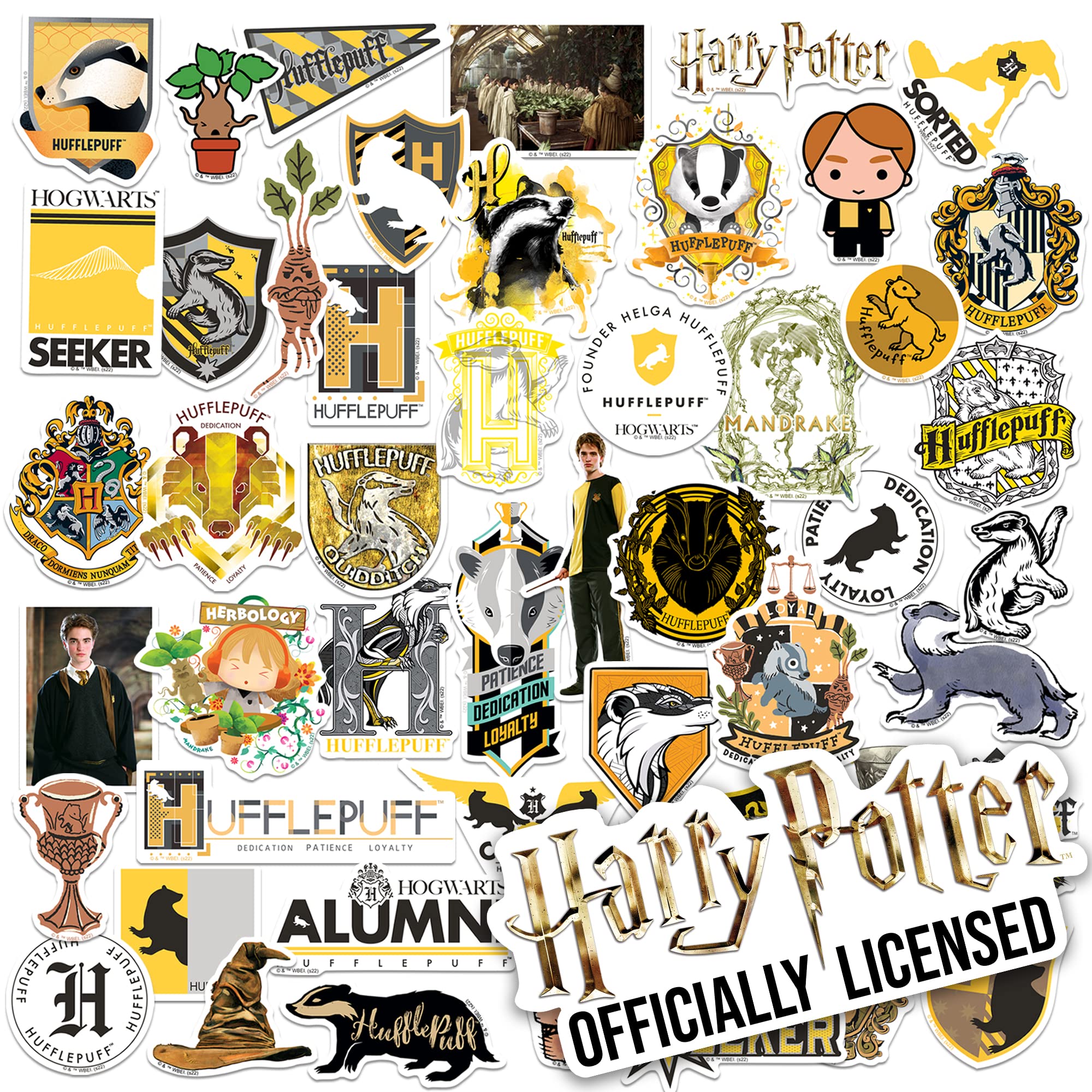 Harry Potter Hufflepuff Die Cut Vinyl Stickers - 50-Piece Variety Pack for Laptop, Water Bottle, Scrapbooking, Tablet & Skateboard - Waterproof Indoor/Outdoor Decals - Perfect for DIY Crafts, School Supplies & Gift Giving