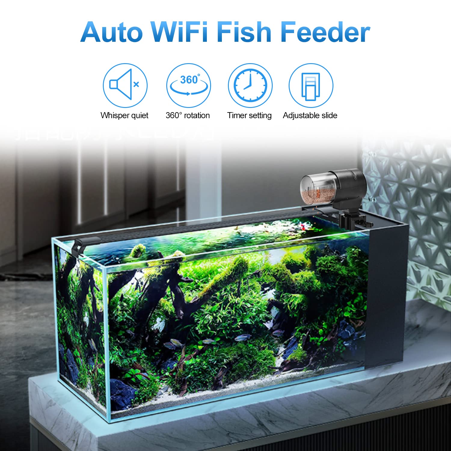 WiFi Automatic Fish Feeder with APP Control - 210ML Large Capacity Aquarium Food Dispenser for Fish & Turtle Tanks - USB Rechargeable - Smart Timer for Vacation Feeding - Perfect for Home, Office & Travel Use