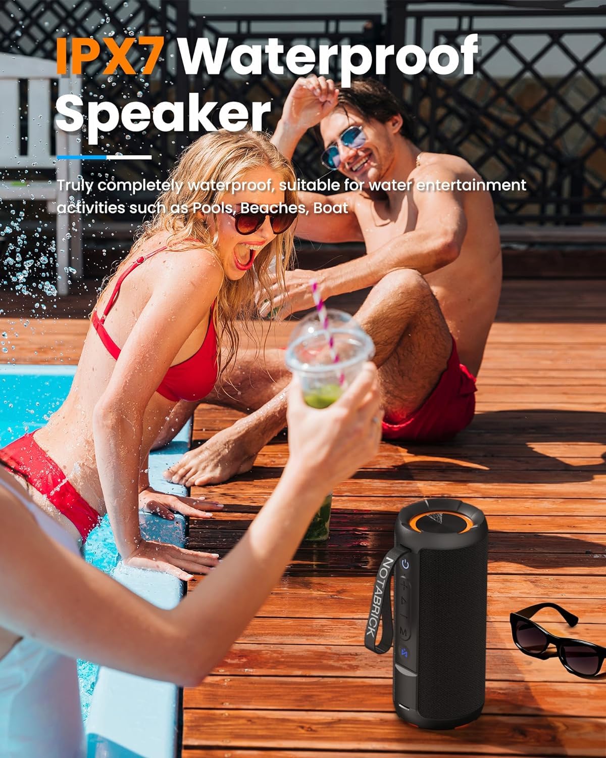 NOTABRICK 40W Bluetooth Speaker with LED Lights, IPX7 Waterproof Wireless Speaker, Deep Bass, Built-in Power Bank, TF/AUX/USB, Portable for Outdoor, Home, Party, and Travel