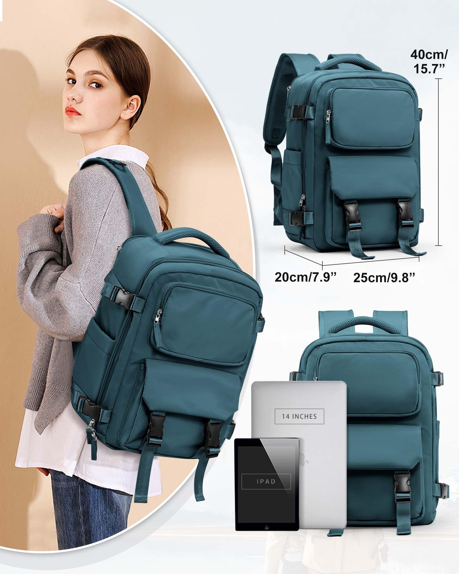 Flight Approved Carry On Backpack for Women & Men - 14-15.6 Inch Laptop Travel Backpack, Personal Item Bag for Airplanes, Business & Casual Daypack for Gym, Hiking, Work & Travel - Peacock Blue (Small)