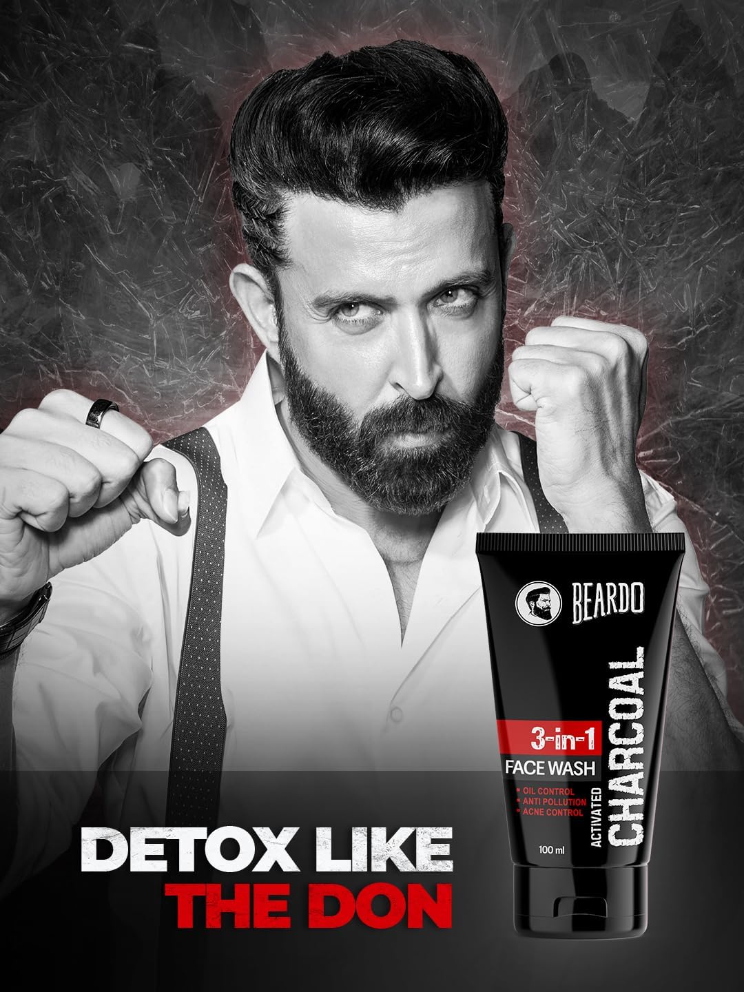 Beardo 3-in-1 Activated Charcoal Face Wash for Men - Deep Cleansing, Exfoliating & Detoxifying Formula | Oil Control & Pore Minimizer for Oily Skin | Removes Dirt, Pollution & Impurities | 100ml Travel Size | Perfect for Daily Skincare Routine & Gym Bag Essentials