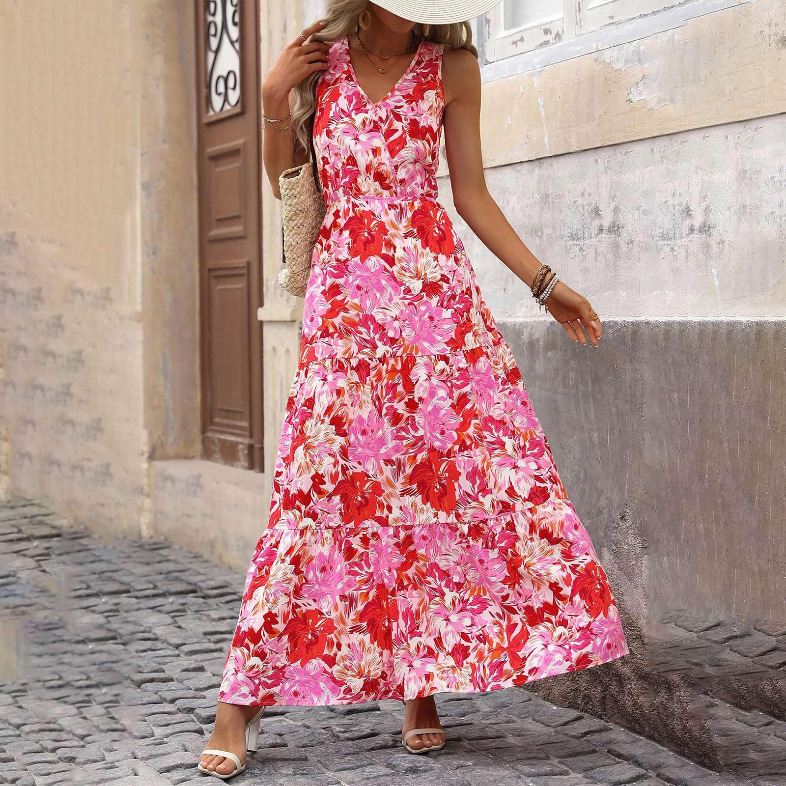 Elegant Floral Sleeveless Maxi Dress for Women - V Neck Tiered Summer Garden Party Dress | Perfect for Weddings, Beach Vacations & Outdoor Events