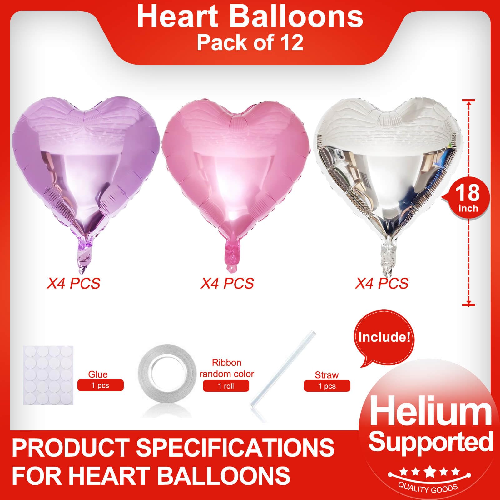 12-Pack 18-Inch Pink Heart Shaped Balloons with Silver Foil for Valentine's Day - Romantic Wedding, Bridal Shower, Engagement Party & Marriage Proposal Decorations (Set of 12) | Perfect for Anniversary Celebrations, Birthday Parties & Romantic Surprises