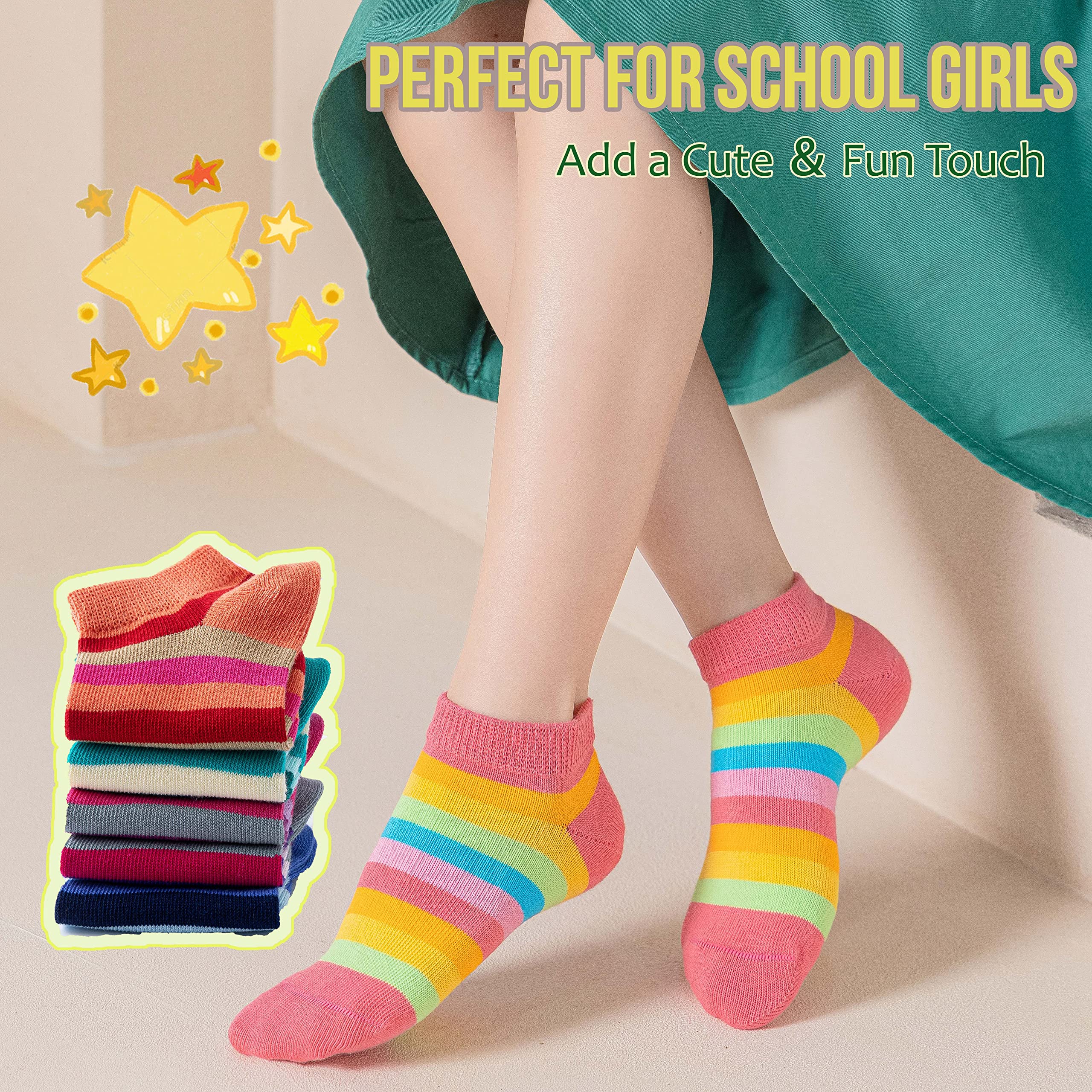 Marchare Girls Seamless Cotton Socks - 5 Pack Rainbow Striped Crew Socks for School, Play & Everyday Wear | Soft & Comfortable Kids Socks for Toddlers & Children
