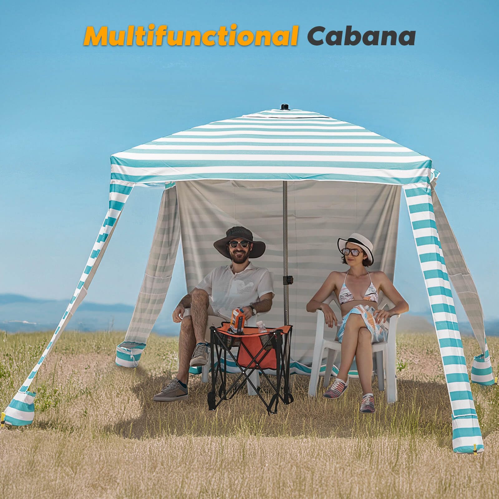 UPF 100+ UV Protection Beach Tent - 6' x 6' Portable Canopy with Attachable Walls, Waterproof & Easy Setup Sun Shelter for Family, Friends - Perfect for Beach Trips, Picnics & Outdoor Events (Aqua Stripe)