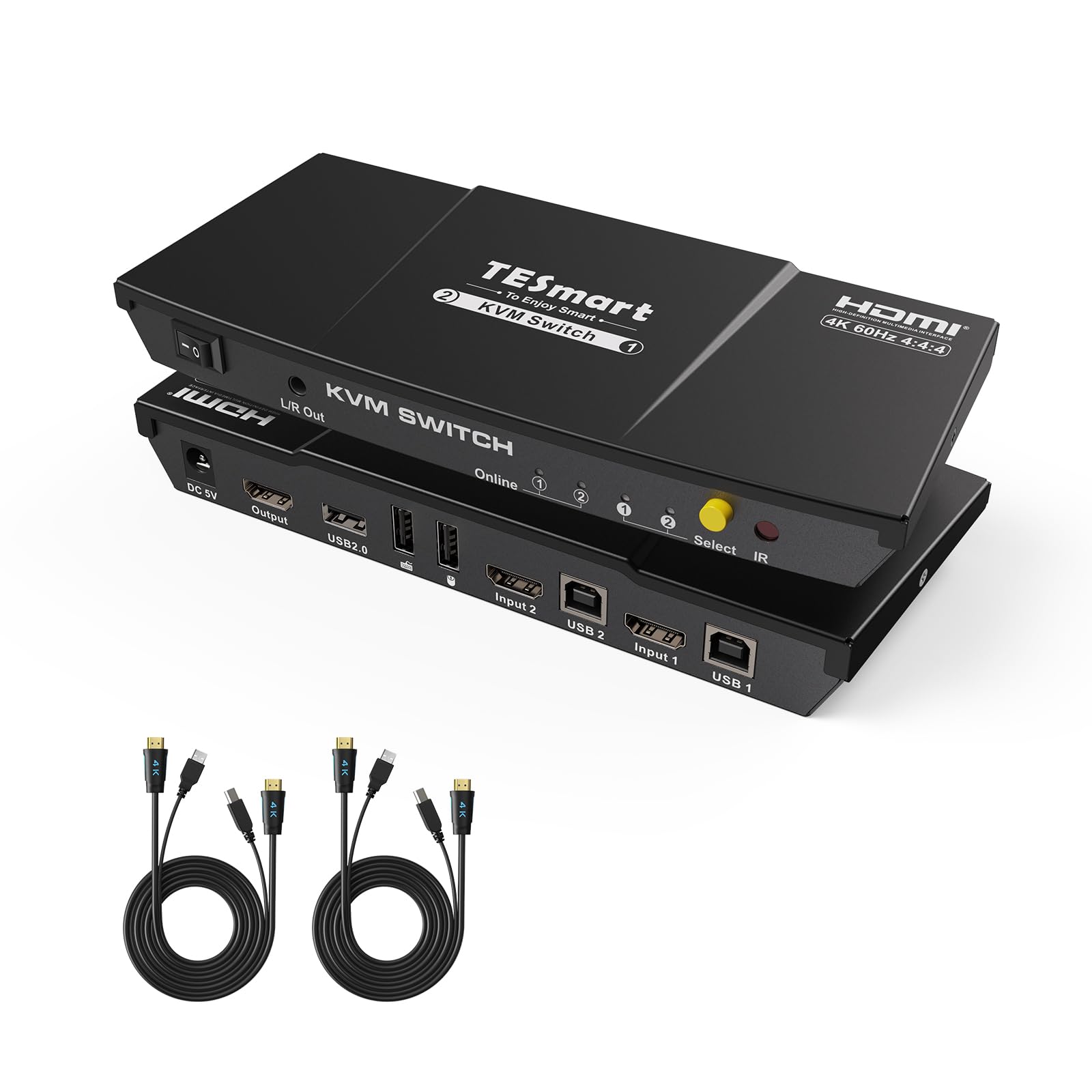 TESmart 2 Port HDMI KVM Switch 4K@60Hz - 1 Monitor Control for 2 Computers with EDID Emulator, USB 2.0, Audio Support, Hotkey & Button Switching, Includes Remote & Cables - Perfect for Home Office & Multi-PC Workstations