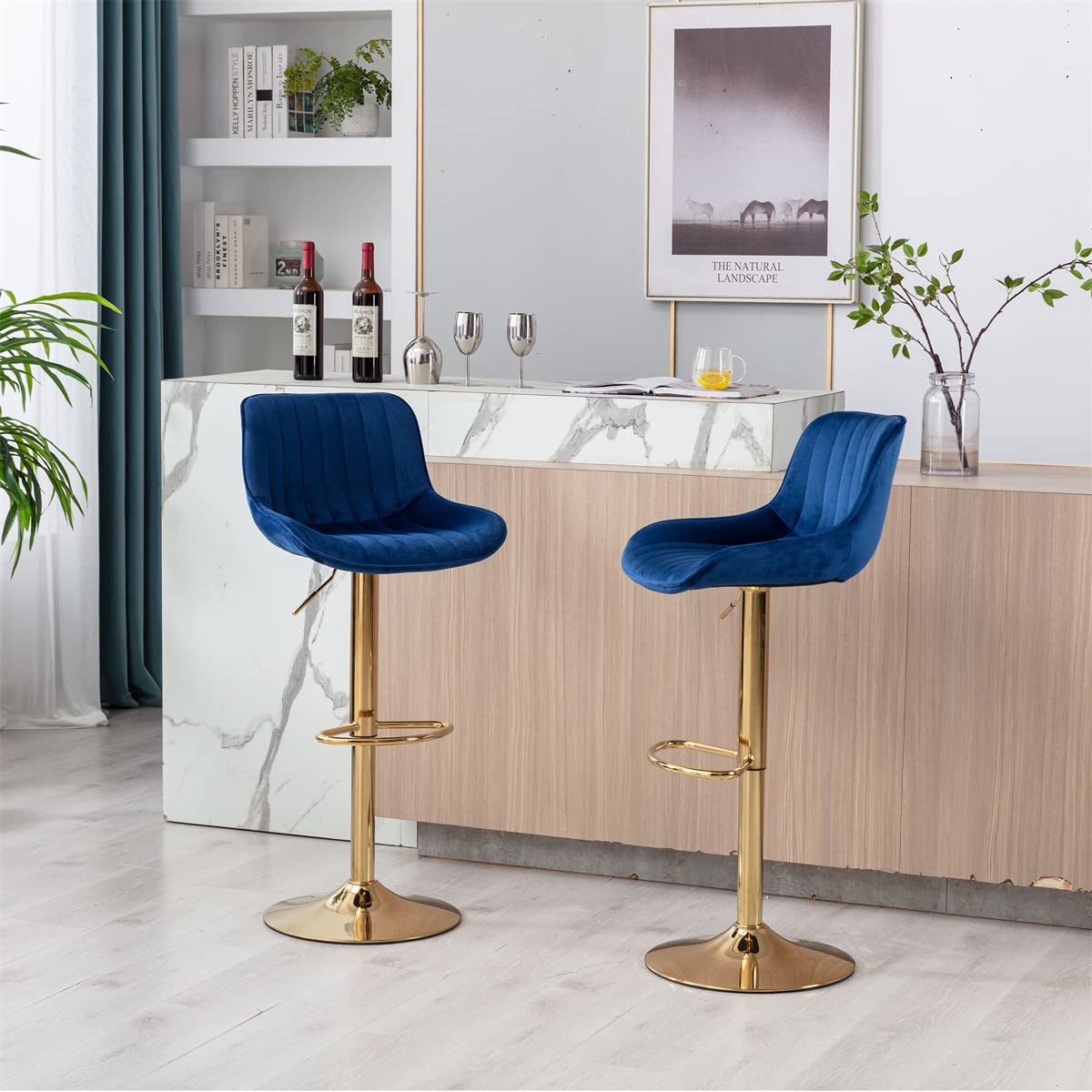 TRIPLE TREE Velvet Bar Stools Set of 2 - Adjustable Counter Height Bar Chairs with Backrest & Footrest, Gold Metal Base Swivel Stools for Kitchen Island, Dining Room & Home Bar - Navy Blue Velvet Upholstery | Perfect for Entertaining, Breakfast Nooks & Modern Home Decor