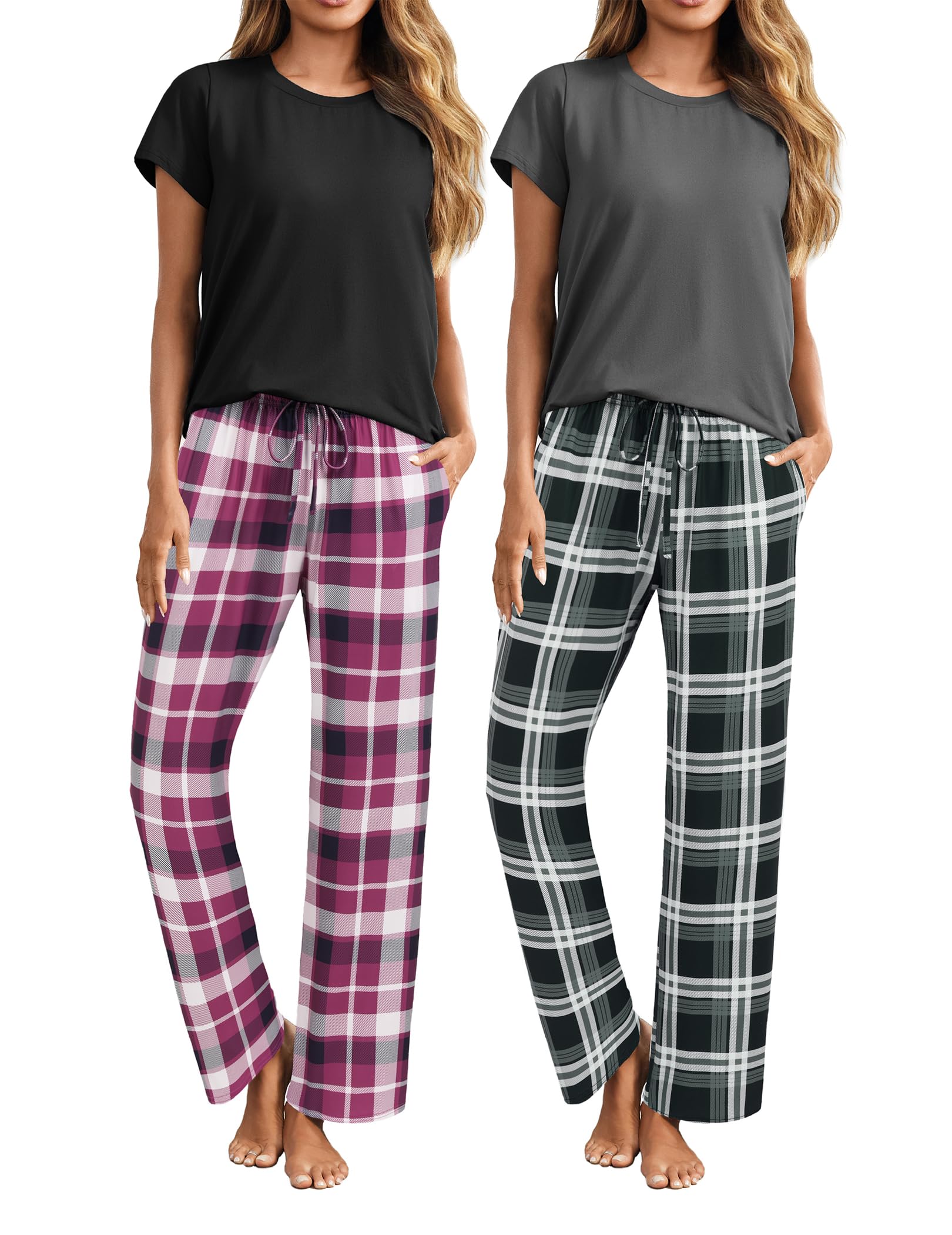 Ekouaer Women's 2-Pack Pajama Sets - Soft Short Sleeve Sleepwear Top & Pants Lounge Outfit with Pockets | Comfortable 4-Piece PJs for Sleeping, Lounging & Home Wear