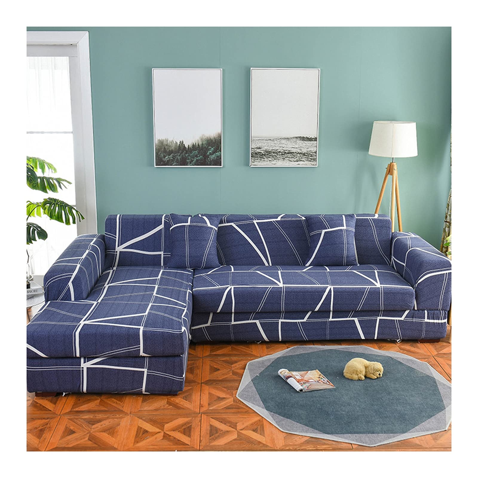 Daesar Stretchable Waterproof Sofa Covers - Geometric Lines Design Navy Blue Polyester Couch Cover for 4 Seater - Perfect for Living Room, Family Room & Home Decor Protection