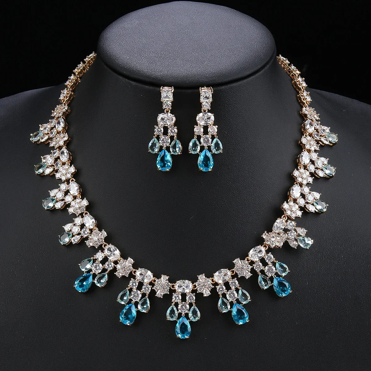 Luxury 2-Piece Cubic Zirconia Necklace & Earrings Set for Women - White, Red, Blue - Elegant Wedding, Party, and Evening Jewelry Set - Perfect for Bridal, Prom, and Formal Occasions