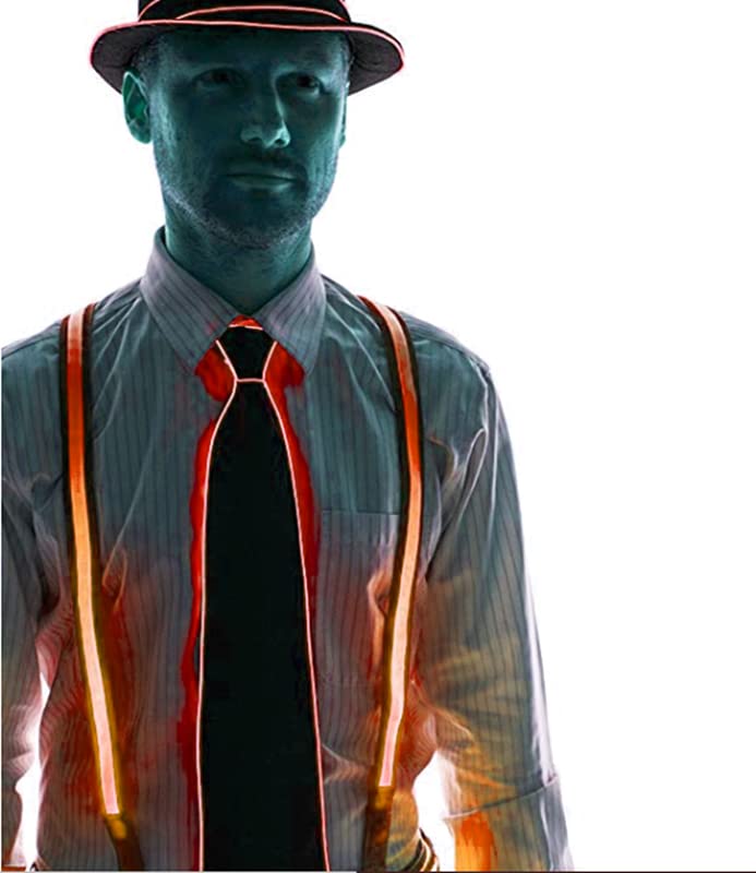 LED Light Up Suspenders + LED Bow Tie + LED Party Hat Set - Glow in the Dark Accessories for Jazz Night, Rave, Halloween & Cosplay (Orange) - Fun Lighted Costume for Men & Women